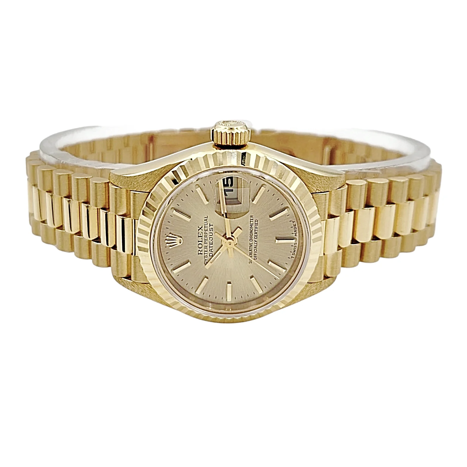 Ladies Rolex 26mm Presidential 18K Solid Yellow Gold Watch with Champagne Dial and Fluted Bezel. (UNWORN 69178)