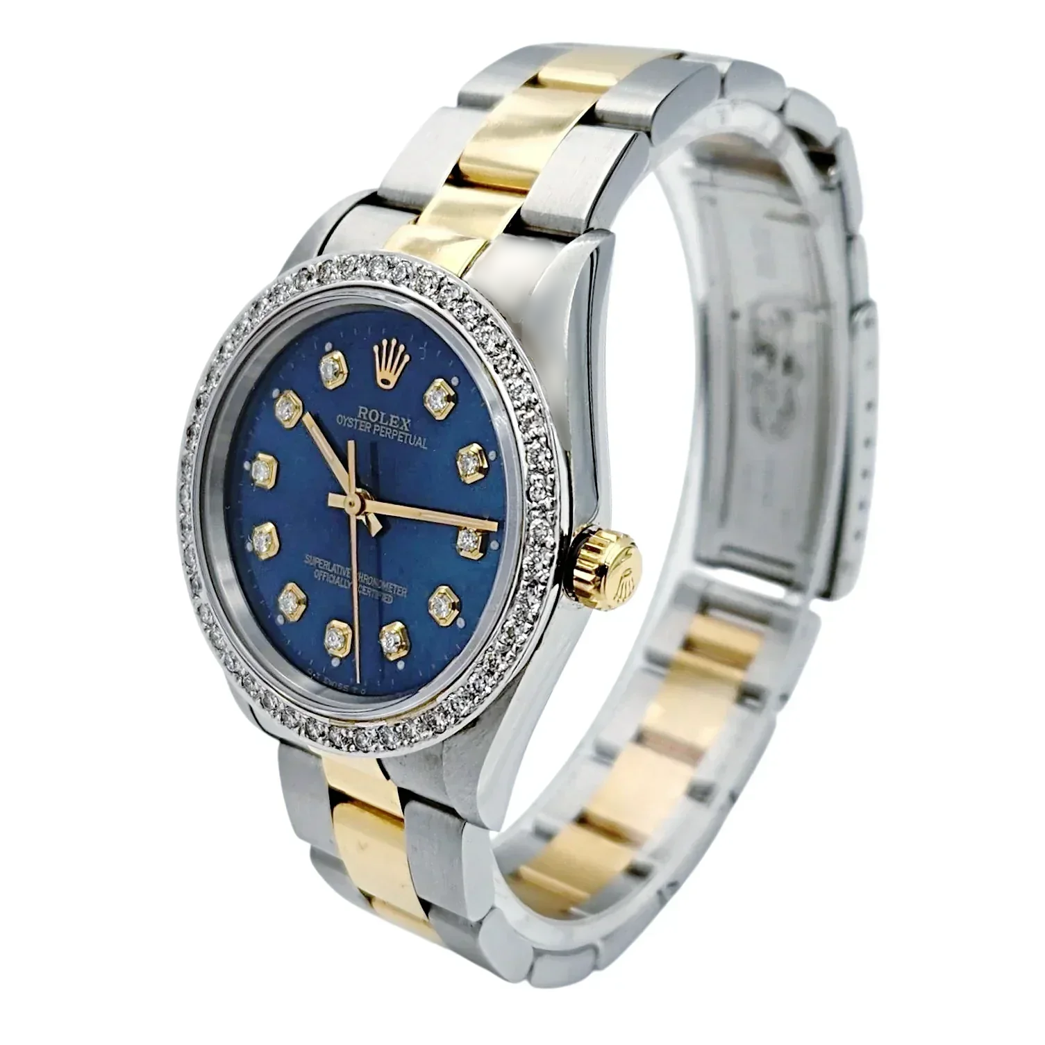 1994 Men's Rolex 36mm Oyster Perpetual Two Tone 18K Yellow Gold / Stainless Steel Watch with Blue Diamond Dial and Diamond Bezel. (Pre-Owned 14233)