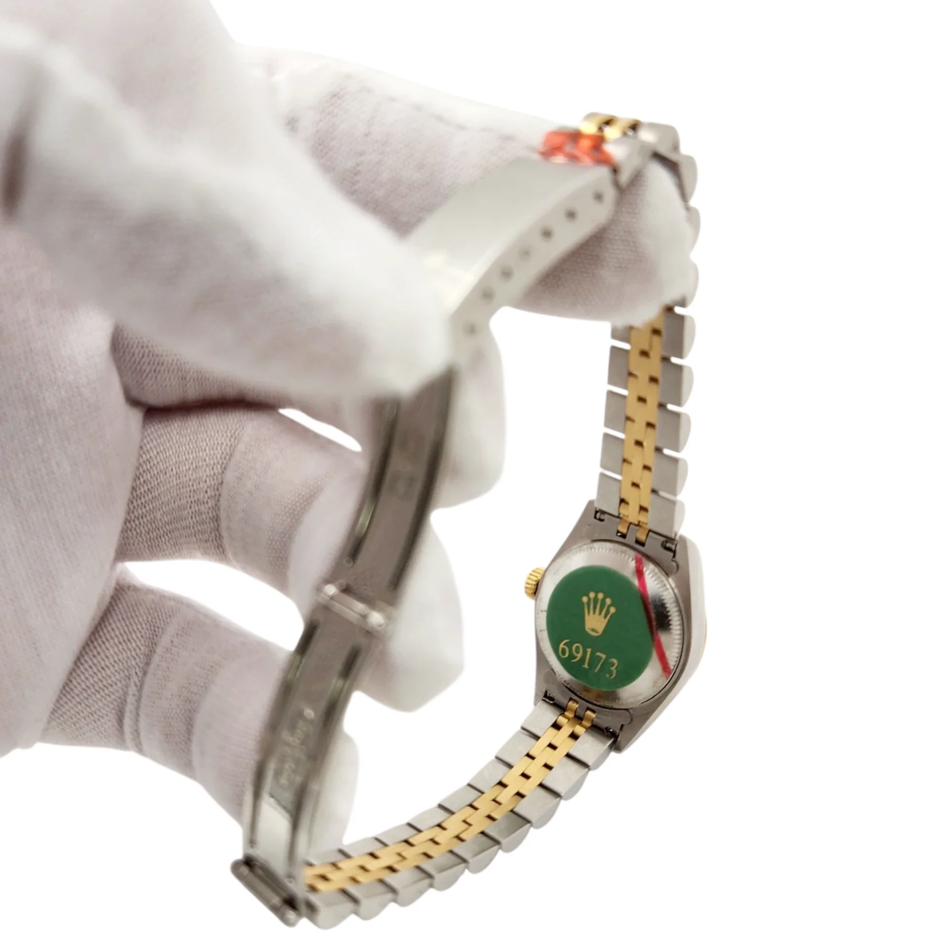 Ladies Rolex 26mm Datejust Two Tone 18K Yellow Gold / Stainless Steel Watch with Ivory Pyramid Dial and Fluted Bezel. (UNWORN 69173)