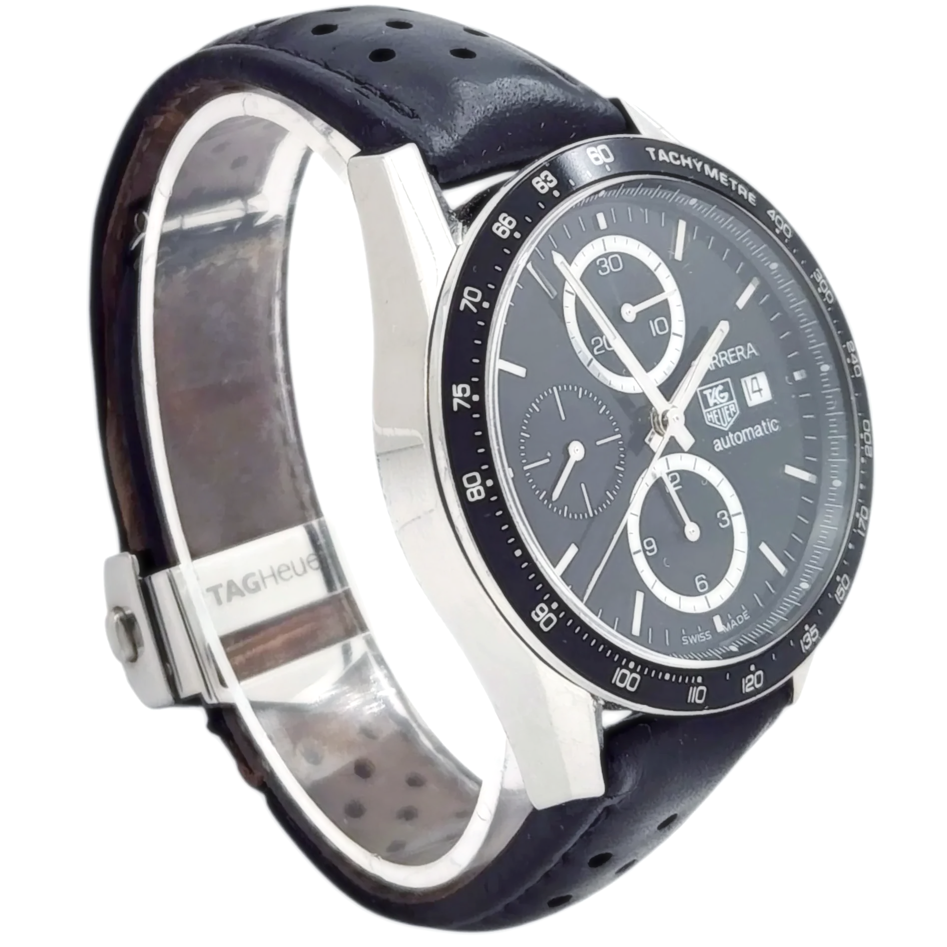 Men's TAG Heuer Carrera 42mm Juan Manuel Fangio Automatic Stainless Steel Watch with Leather Strap and Black Dial. (Pre-Owned)