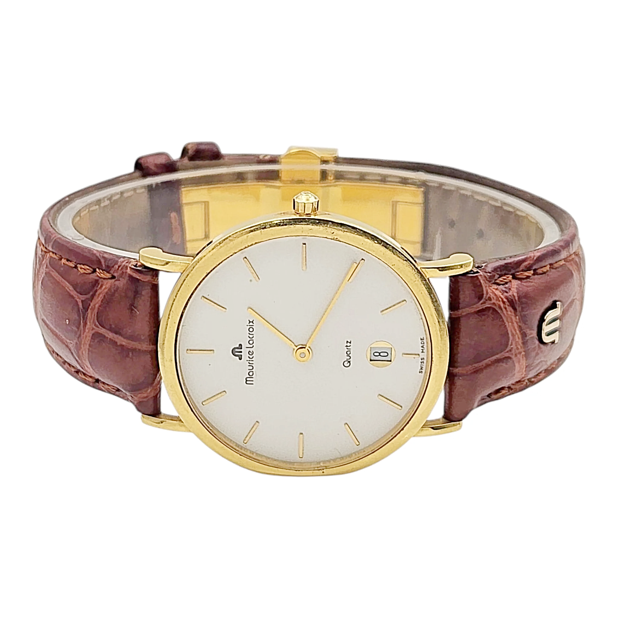 Men's Maurice Lacroix 34mm Vintage 18K Yellow Gold Case Watch with Brown Leather and White Dial. (Pre-Owned 2106)