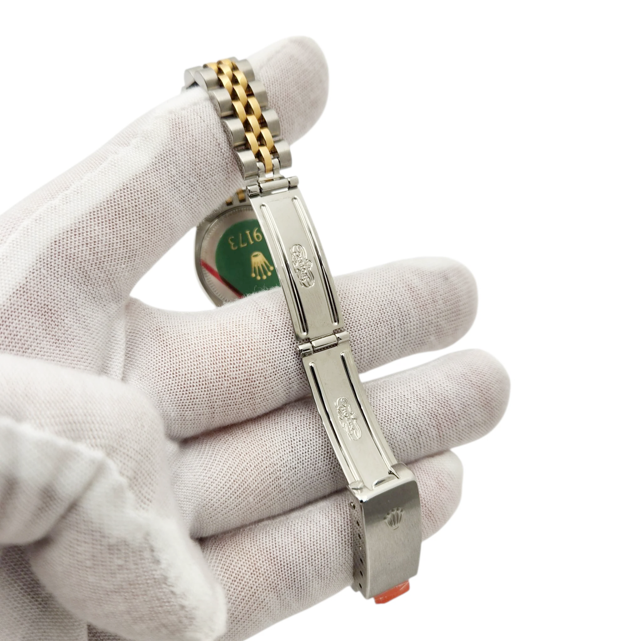 Ladies Rolex 26mm Datejust Two Tone 18K Yellow Gold / Stainless Steel Watch with Ivory Pyramid Dial and Fluted Bezel. (UNWORN 69173)