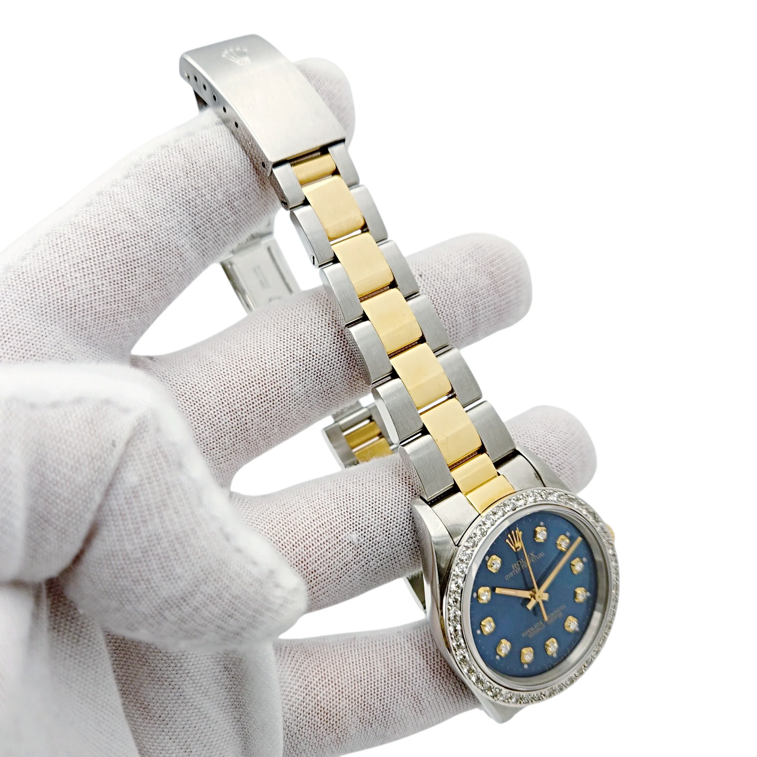 1994 Men's Rolex 36mm Oyster Perpetual Two Tone 18K Yellow Gold / Stainless Steel Watch with Blue Diamond Dial and Diamond Bezel. (Pre-Owned 14233)