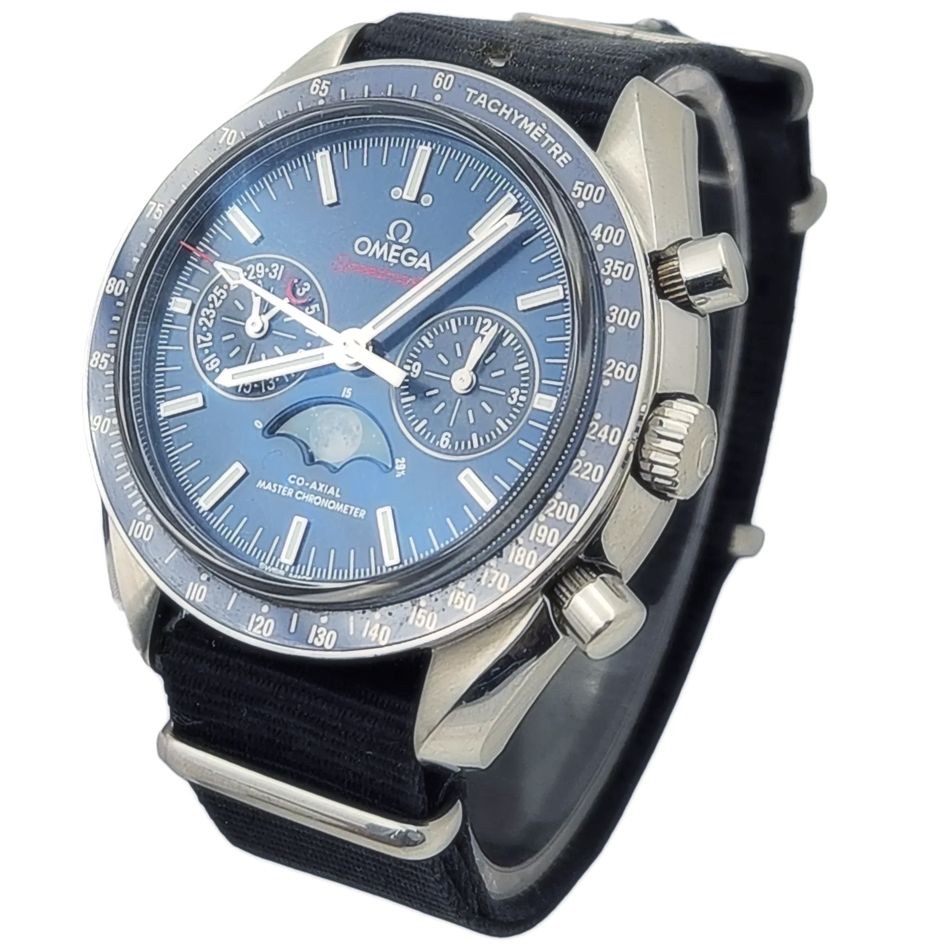 Men's Omega 44mm Speedmaster Moonphase Automatic Steel Watch with Blue Luminous Dial. (Pre-Owned Box/Card)