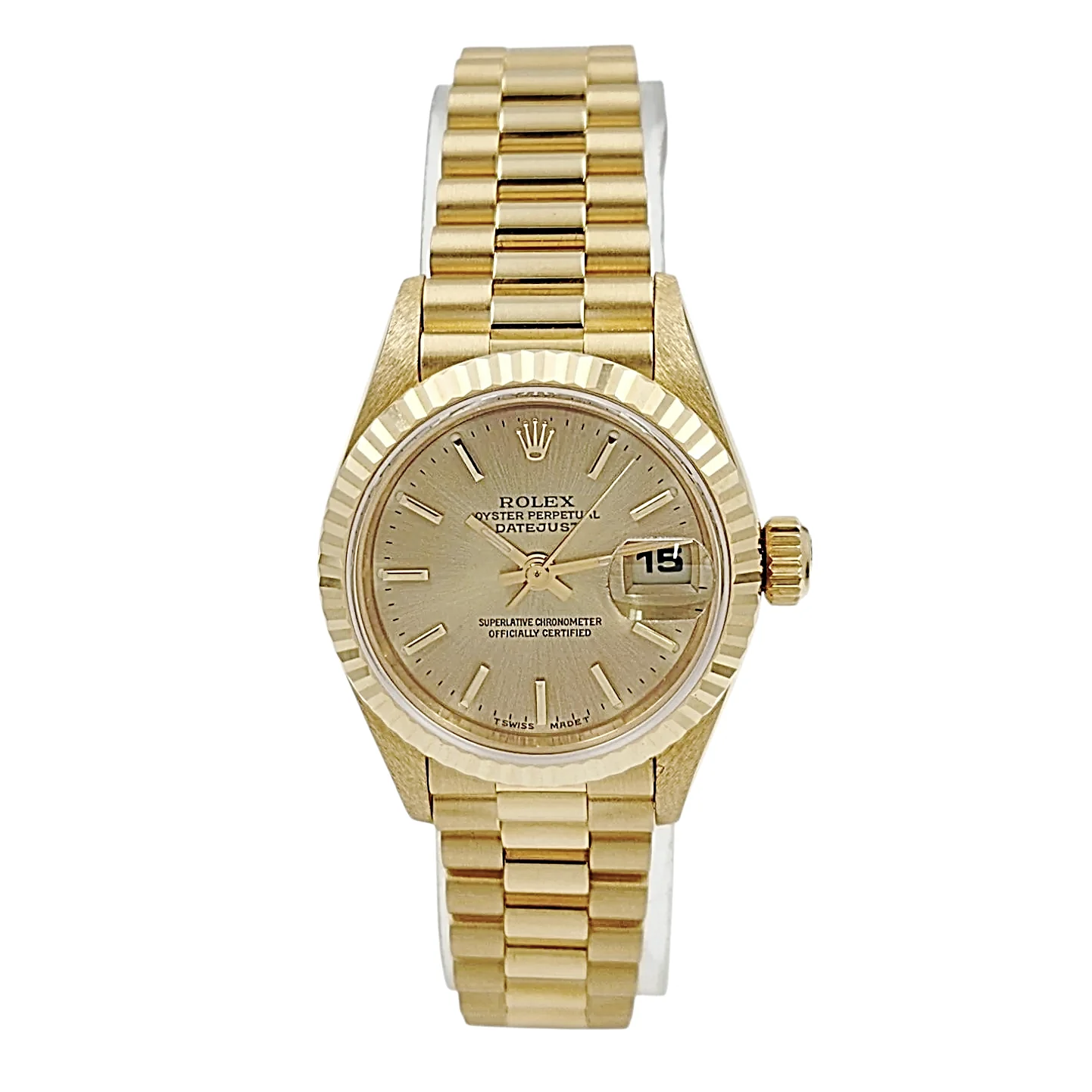 Ladies Rolex 26mm Presidential 18K Solid Yellow Gold Watch with Champagne Dial and Fluted Bezel. (UNWORN 69178)