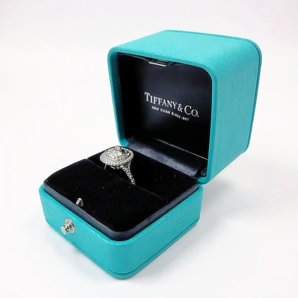Tiffany & Co. Cathedral Setting "Tiffany Soleste" Platinum Cushion Cut Diamond Double Halo 2.60 ct, F Color, VS1 Clarity Engagement Ring. (Pre-Owned)