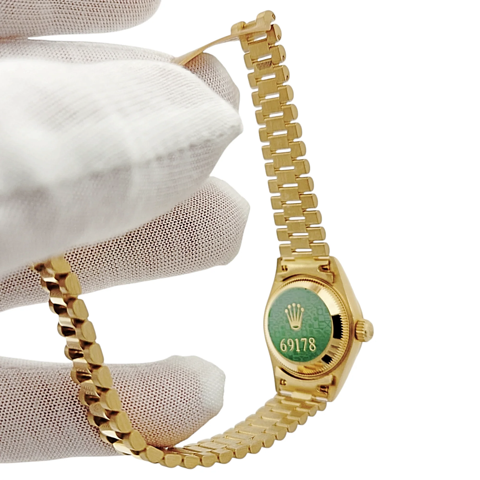 Ladies Rolex 26mm Presidential 18K Solid Yellow Gold Watch with Champagne Dial and Fluted Bezel. (UNWORN 69178)