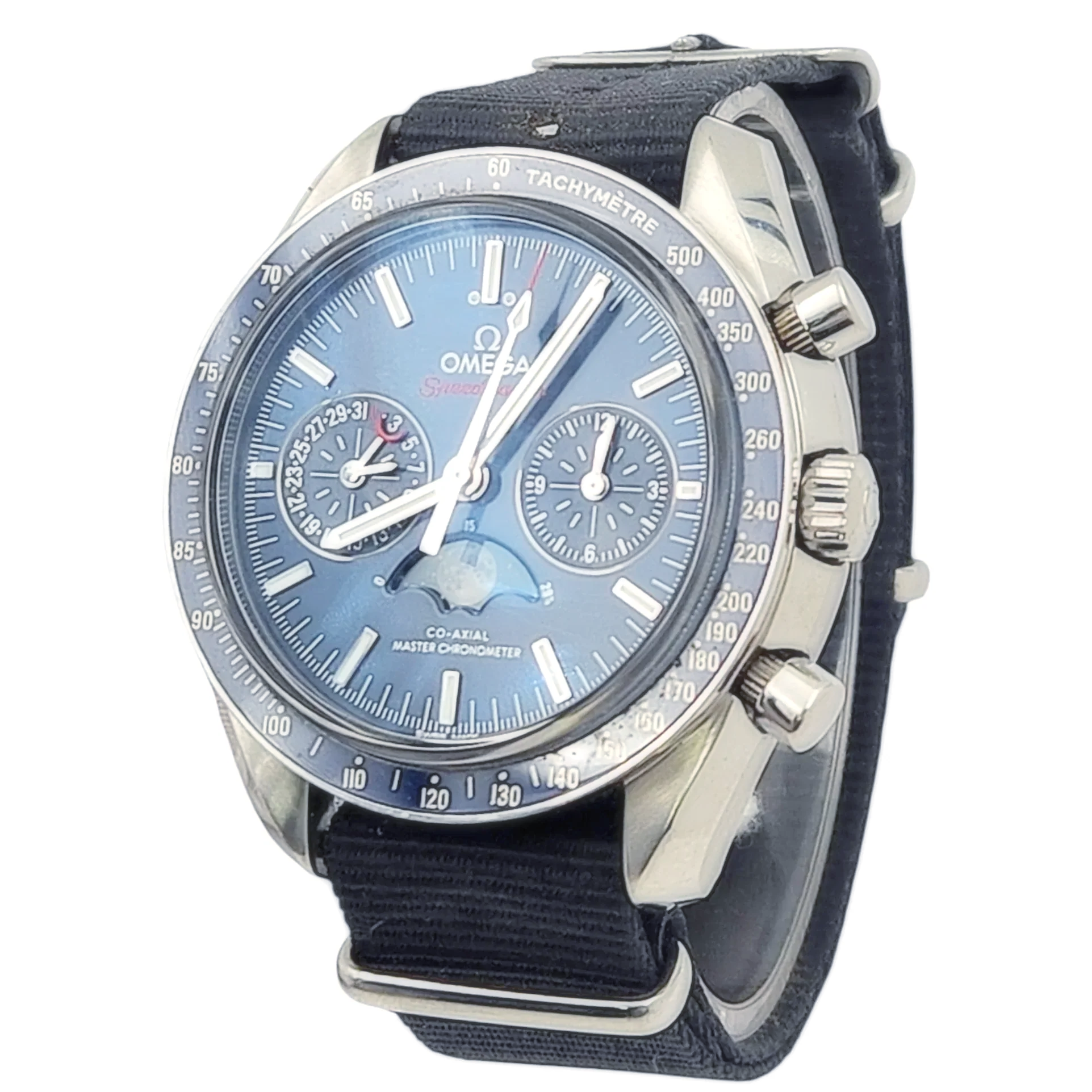 Men's Omega 44mm Speedmaster Moonphase Automatic Steel Watch with Blue Luminous Dial. (Pre-Owned Box/Card)