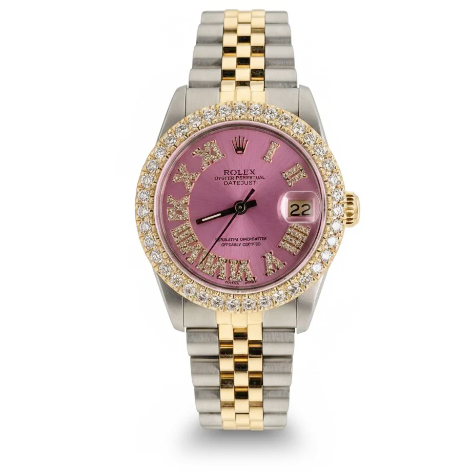 Ladies Rolex Midsize 31mm DateJust Two Tone 18K Yellow Gold / Stainless Steel Watch with Pink Roman Numeral Diamond Dial and Diamond Bezel. (Pre-Owned 68273)