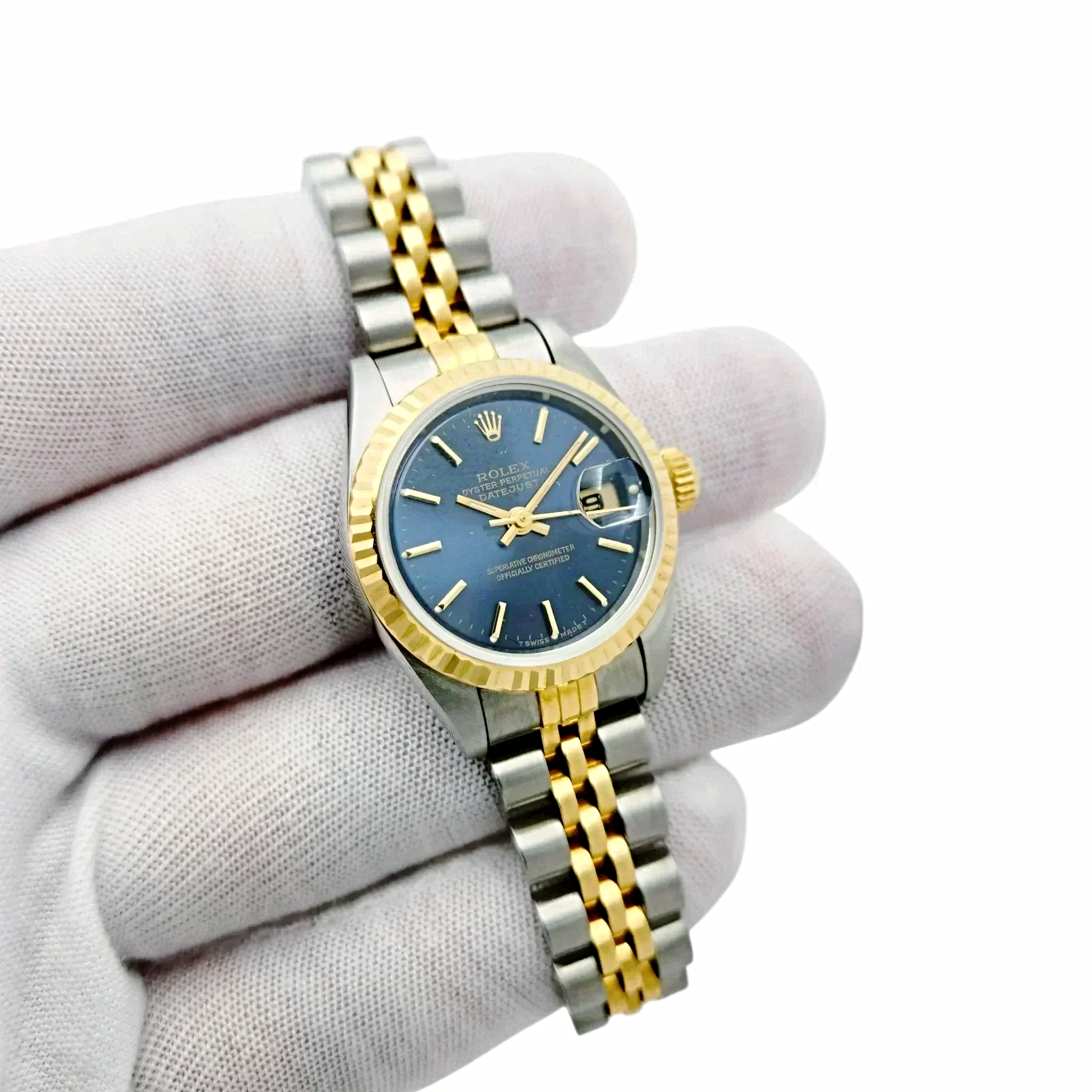 Ladies Rolex 26mm Datejust Two Tone 18K Yellow Gold / Stainless Steel Watch with Blue Dial and Fluted Bezel. (UNWORN 69173)