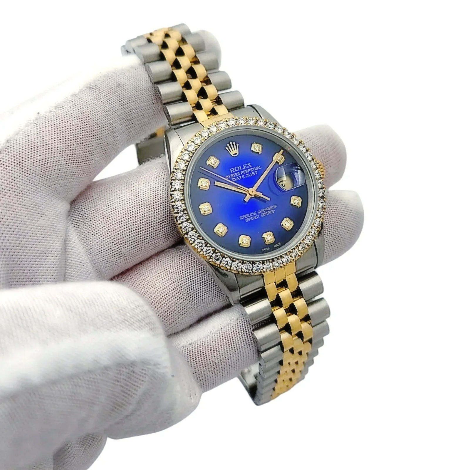 Men's Rolex 36mm DateJust Two Tone 18K Yellow Gold / Stainless Steel Watch with Blue Diamond Dial and Diamond Bezel. (Pre-Owned 16233)