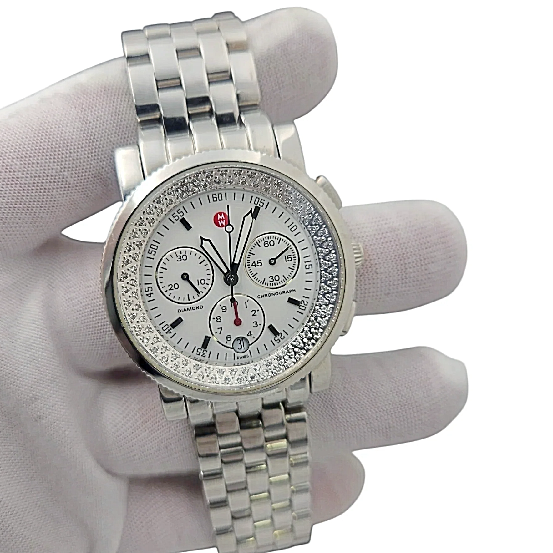 Ladies Michele 38mm Sport Sail Stainless Steel Wristwatch with White Dial & Diamond Inner Bezel. (Pre-Owned)