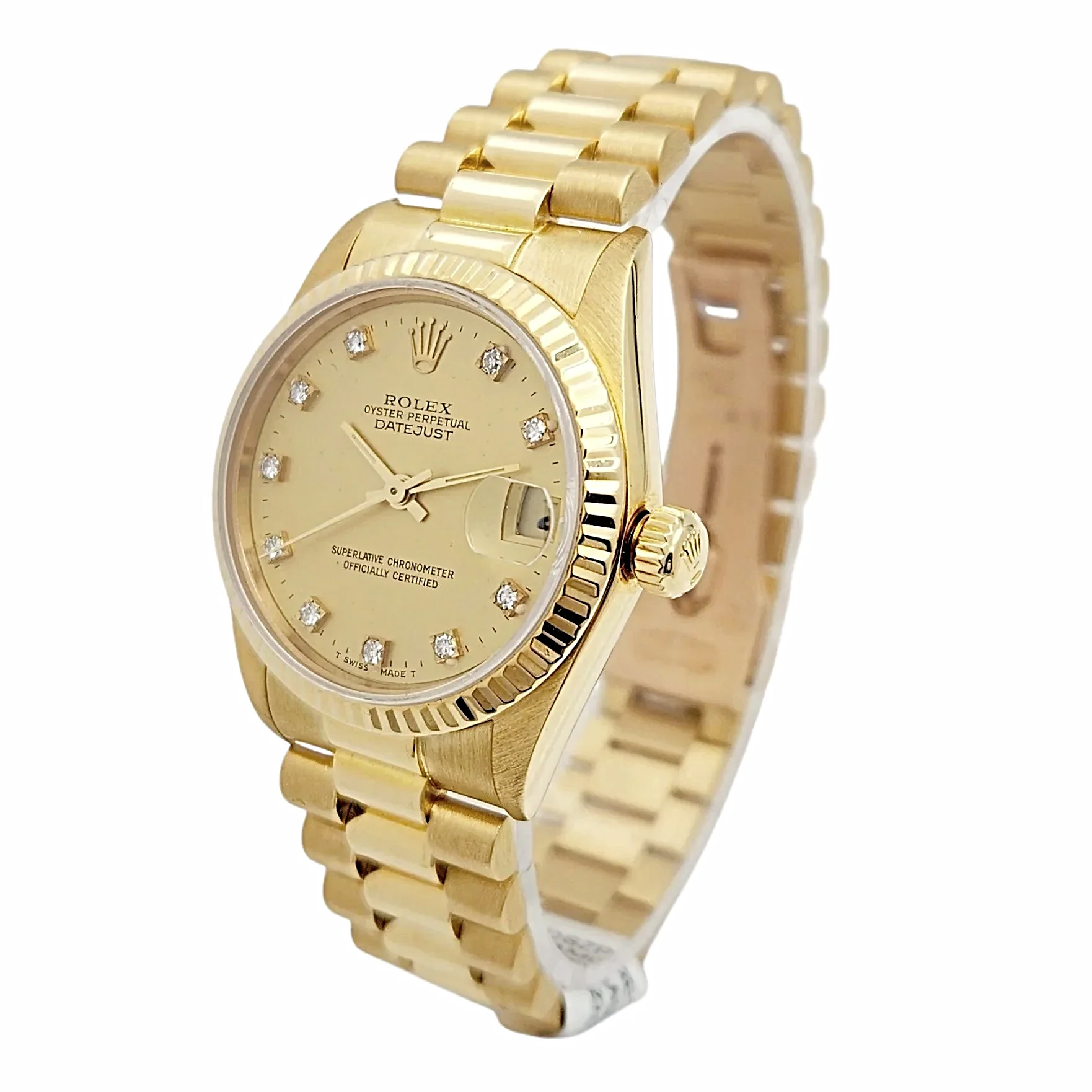 Ladies Rolex Midsize 31mm DateJust 18K Yellow Gold Watch with Diamond Champagne Dial and Fluted Bezel. (Pre-Owned 68278)