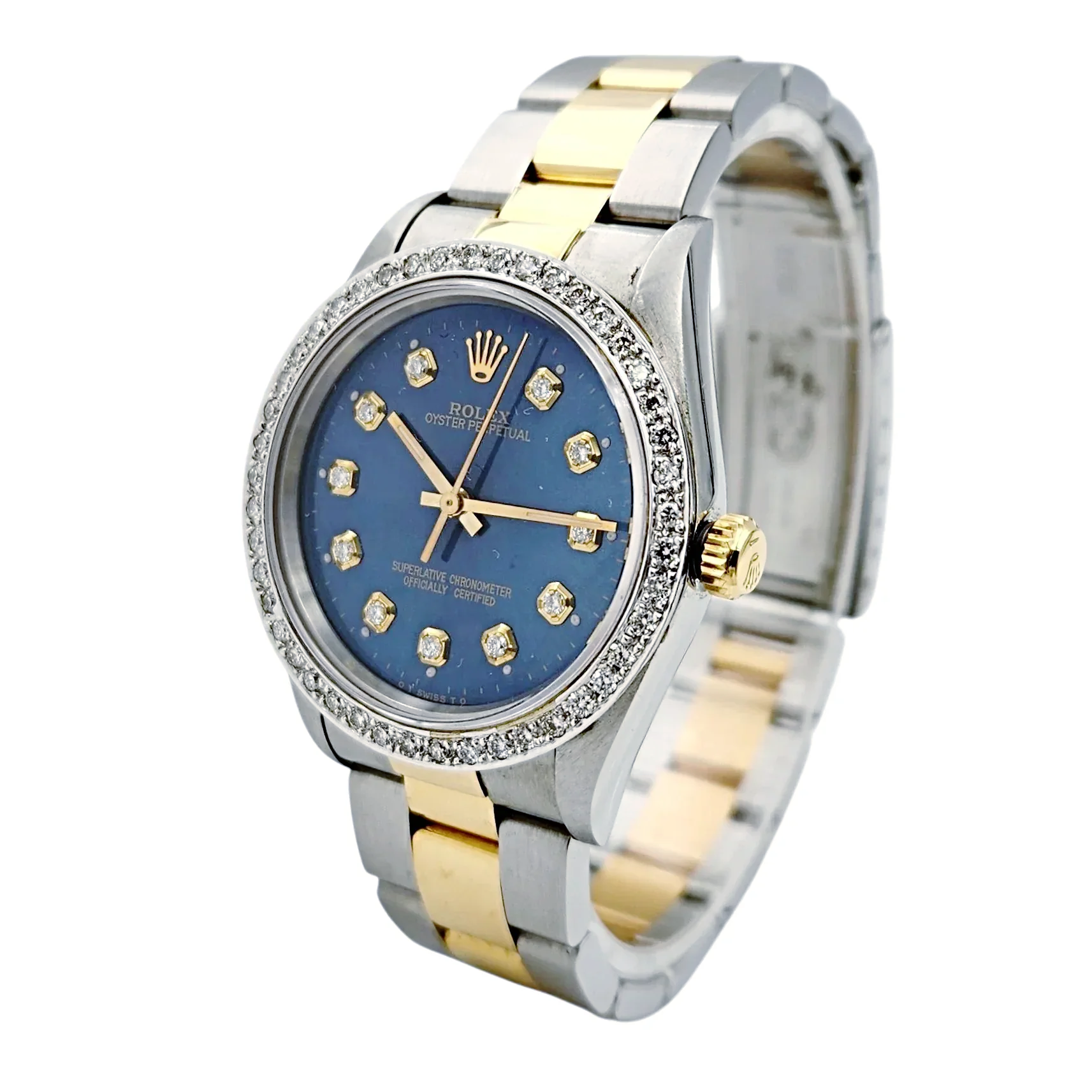 1994 Men's Rolex 36mm Oyster Perpetual Two Tone 18K Yellow Gold / Stainless Steel Watch with Blue Diamond Dial and Diamond Bezel. (Pre-Owned 14233)