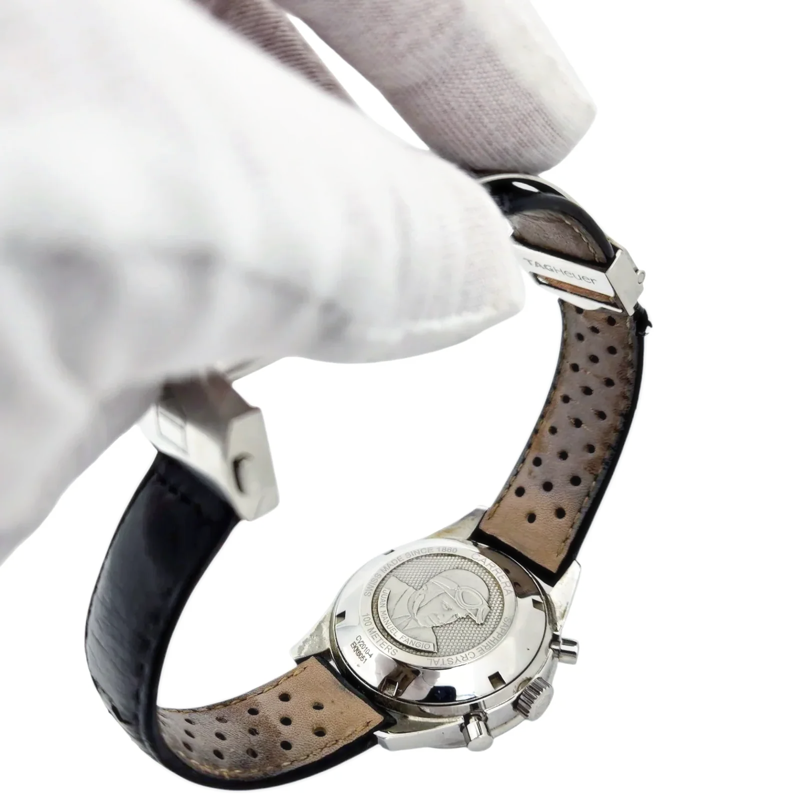 Men's TAG Heuer Carrera 42mm Juan Manuel Fangio Automatic Stainless Steel Watch with Leather Strap and Black Dial. (Pre-Owned)