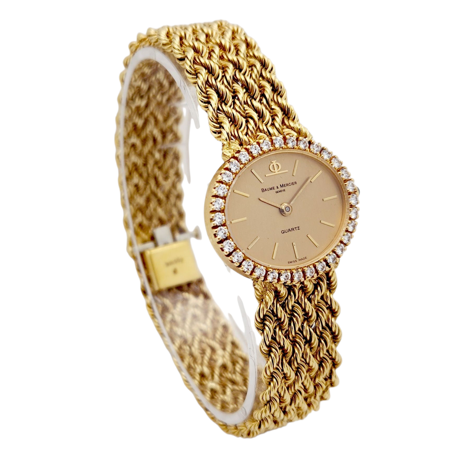 Ladies Baume & Mercier 24mm Vintage 18K Yellow Gold Watch with Gold Dial and Diamond Bezel. (Pre-Owned)
