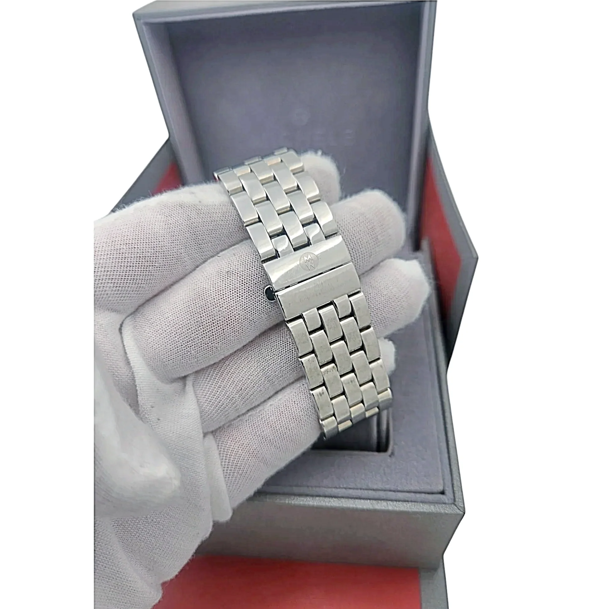 Ladies Michele 38mm Sport Sail Stainless Steel Wristwatch with White Dial & Diamond Inner Bezel. (Pre-Owned)