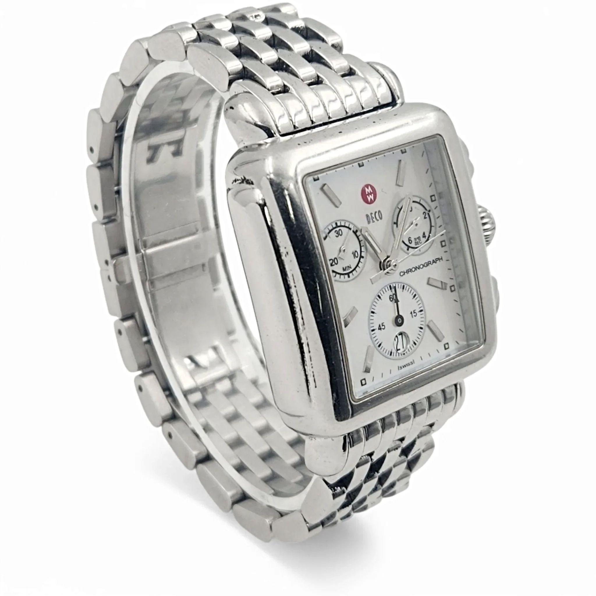 Ladies Michele Deco 33mm Stainless Steel Watch with Mother of Pearl Chronograph Dial. (Pre-Owned)