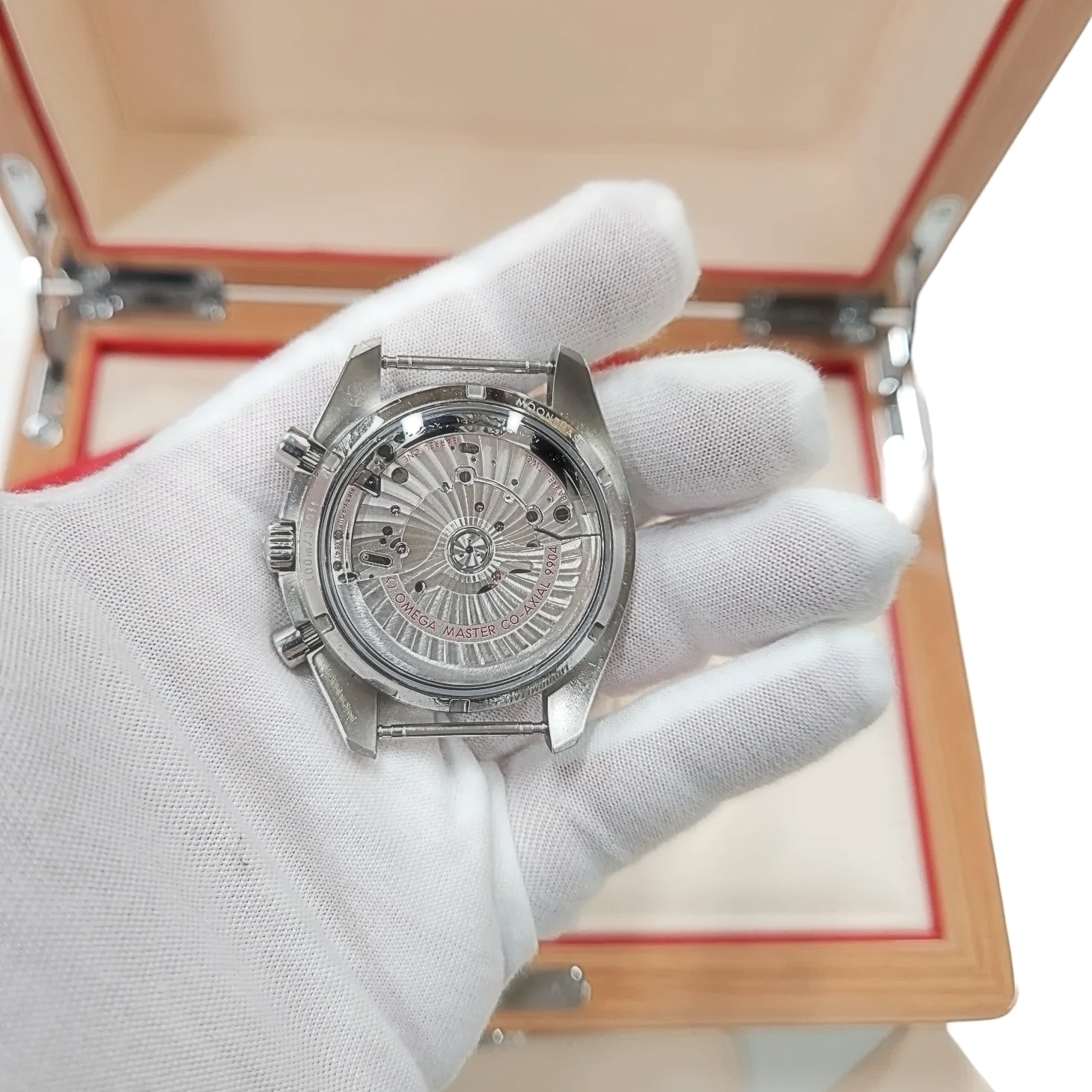 Men's Omega 44mm Speedmaster Moonphase Automatic Steel Watch with Blue Luminous Dial. (Pre-Owned Box/Card)