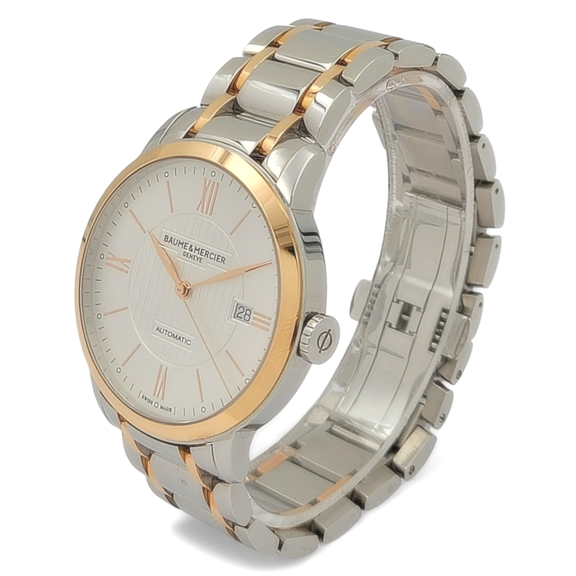 Men's Baume & Mercier 40mm Classima Automatic Electro Plated Rose Gold / Stainless Steel Watch with White Roman Numeral Dial. (Pre-Owned)