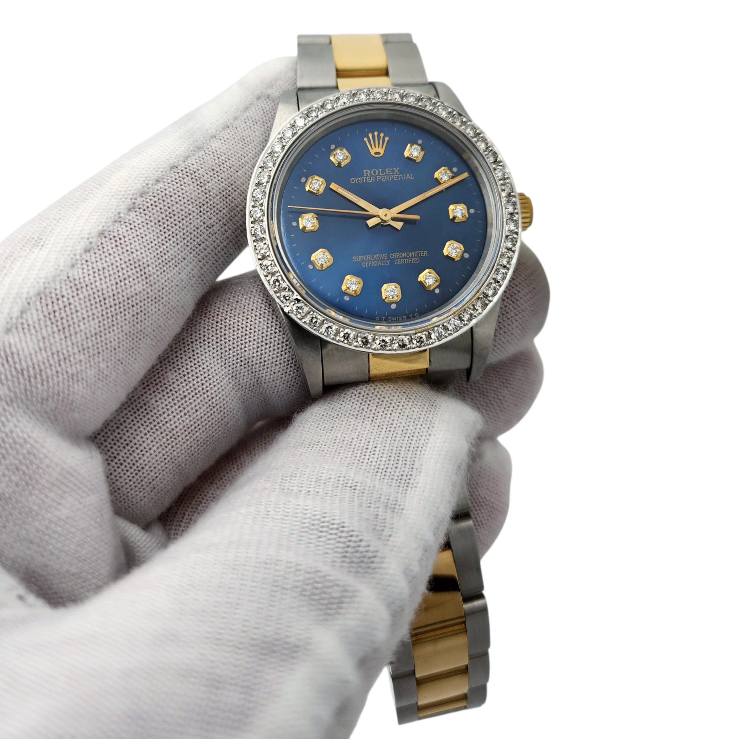 1994 Men's Rolex 36mm Oyster Perpetual Two Tone 18K Yellow Gold / Stainless Steel Watch with Blue Diamond Dial and Diamond Bezel. (Pre-Owned 14233)