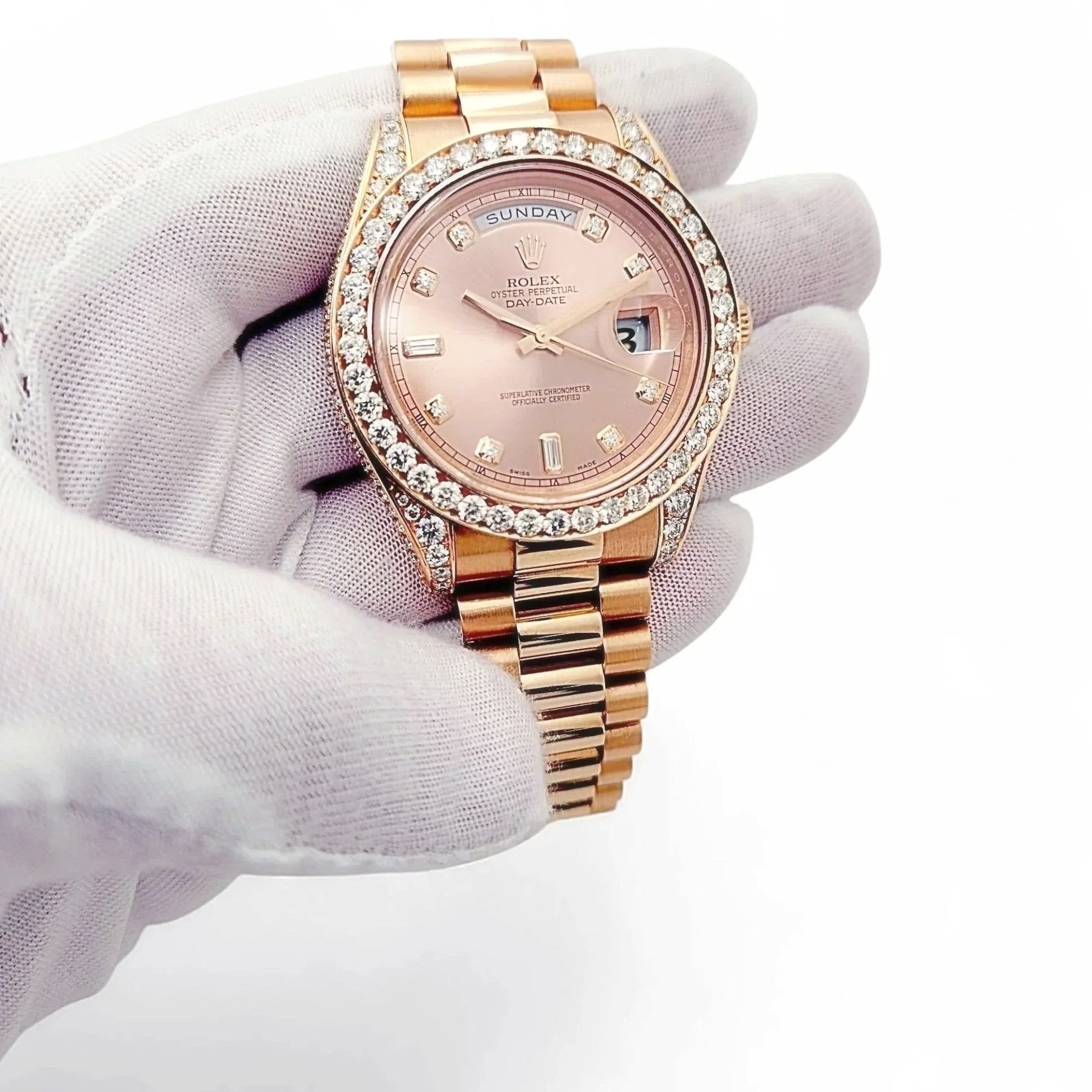 2021 Men's Rolex 41mm Presidential Day-Date II Everose 18K Rose Gold Watch with Diamond Dial and Diamond Bezel. (Pre-Owned 218235)