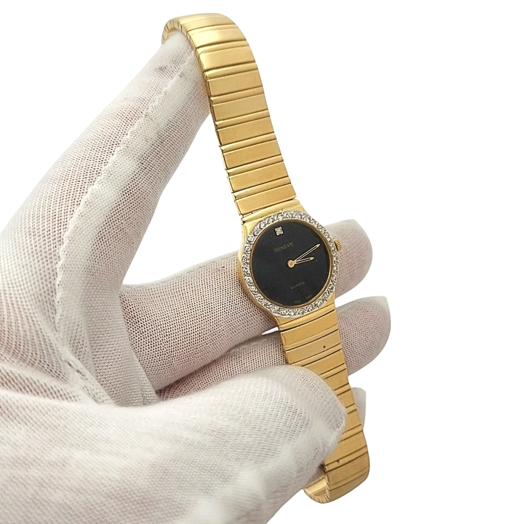 Ladies Geneve 24mm Vintage 14K Yellow Gold Watch with Black Diamond Dial and Diamond Bezel. (Pre-Owned)