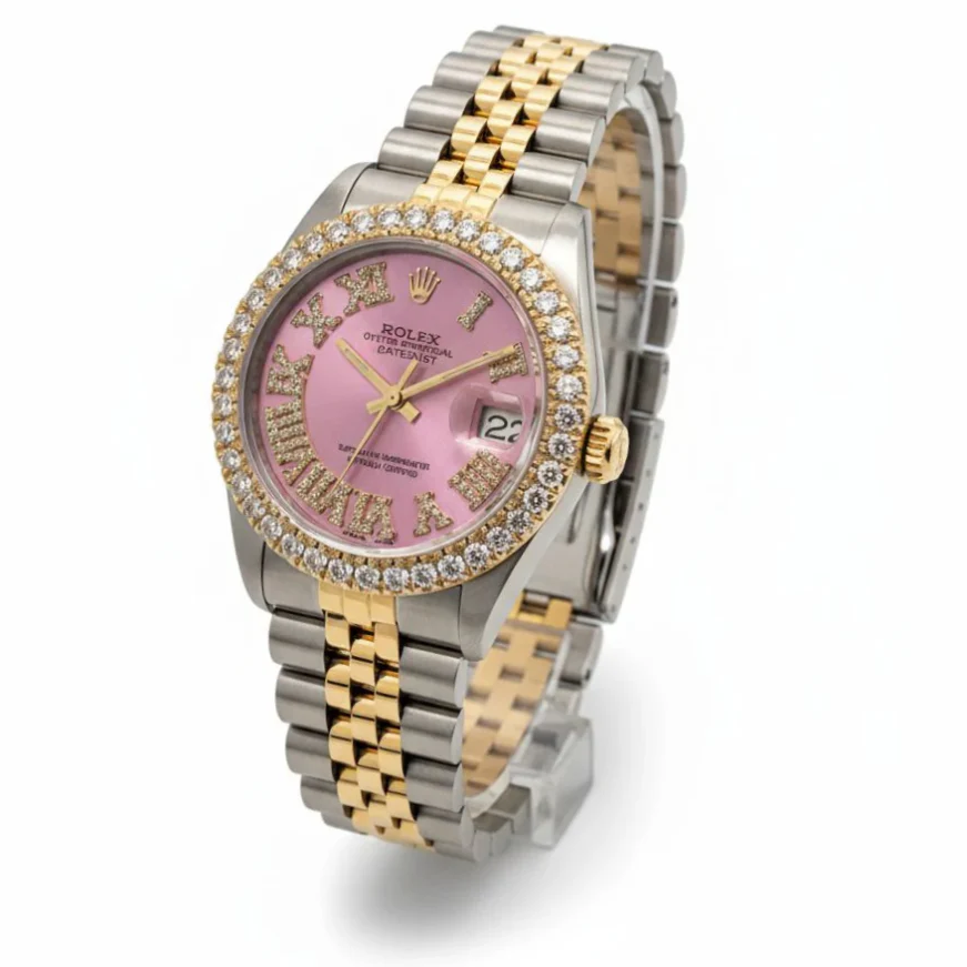 Ladies Rolex Midsize 31mm DateJust Two Tone 18K Yellow Gold / Stainless Steel Watch with Pink Roman Numeral Diamond Dial and Diamond Bezel. (Pre-Owned 68273)
