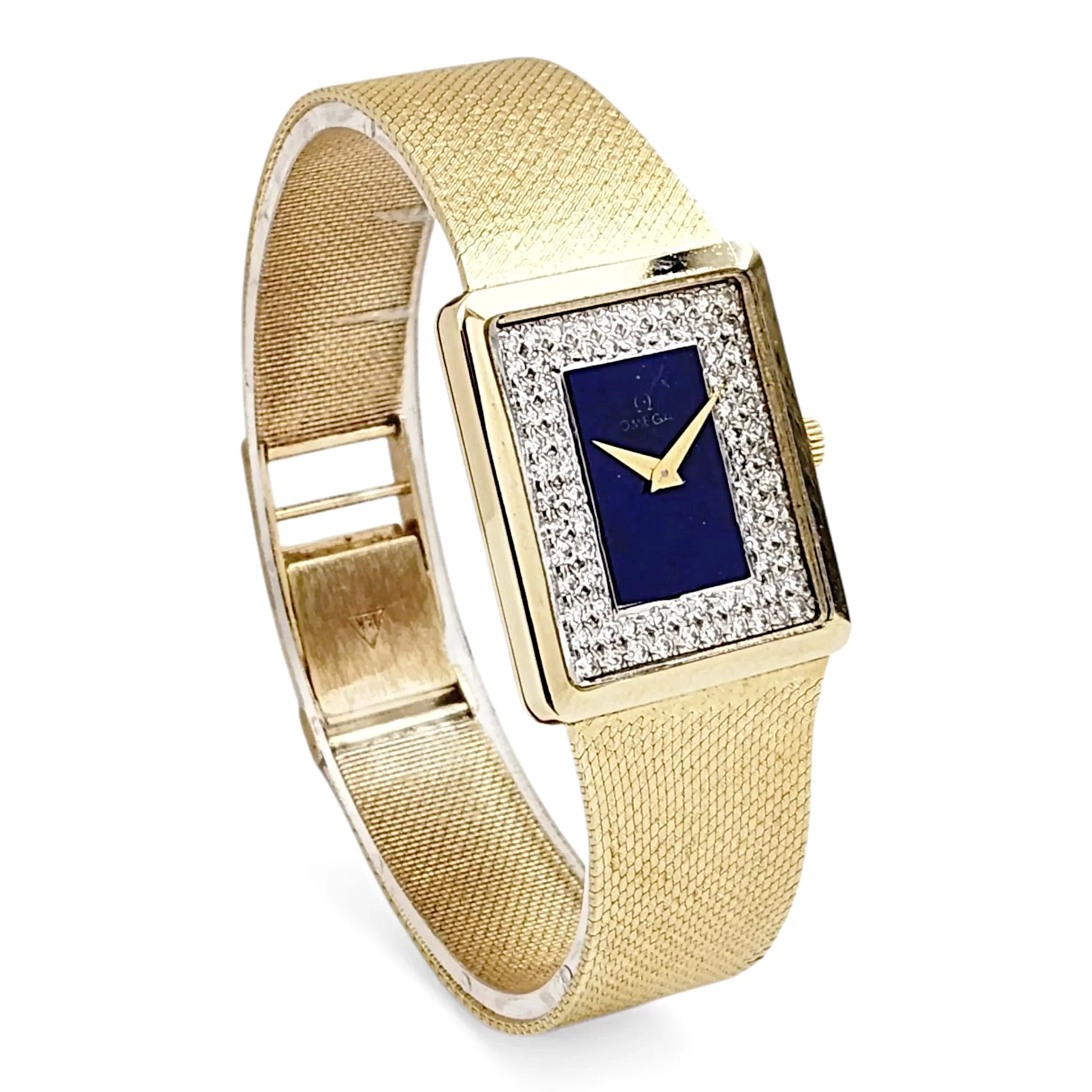 Unisex Omega Vintage 14K Yellow Gold Watch with Diamond Blue Texture and Dial. (Pre-Owned)