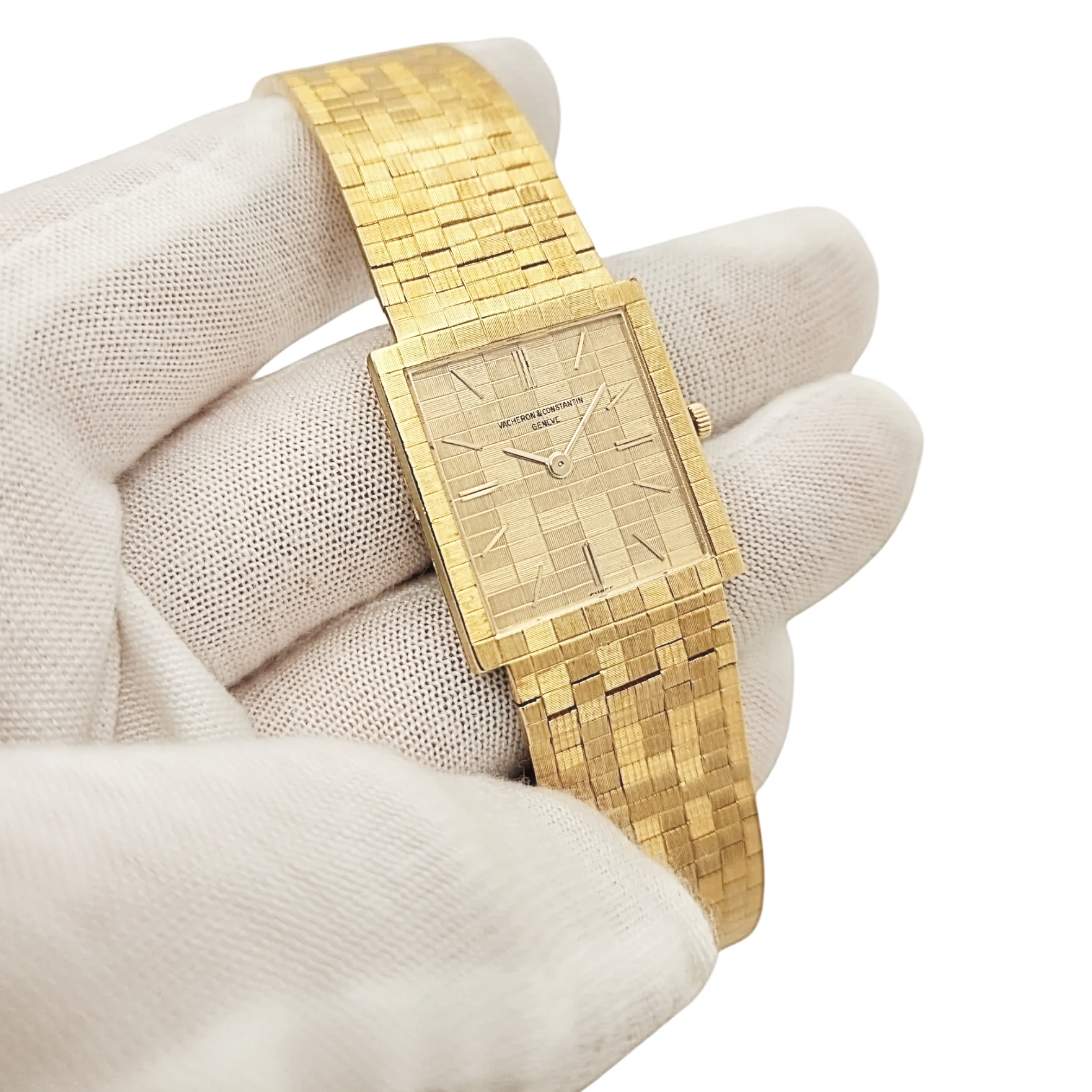 1970's Vacheron & Constantin Vintage Solid 18K Gold Watch with Basket-Weave Gold Dial and Bracelet. (Pre-Owned 7186)