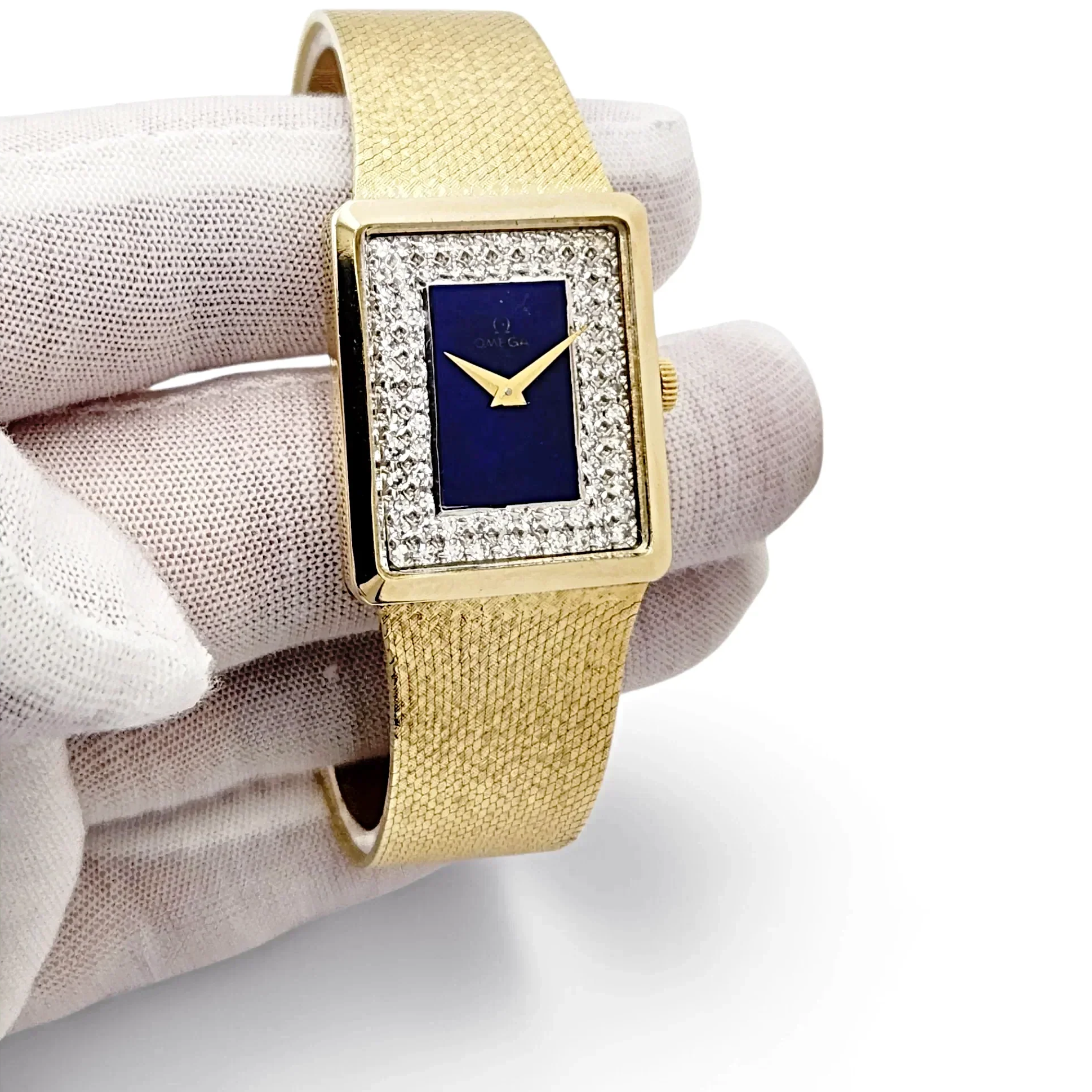 Unisex Omega Vintage 14K Yellow Gold Watch with Diamond Blue Texture and Dial. (Pre-Owned)