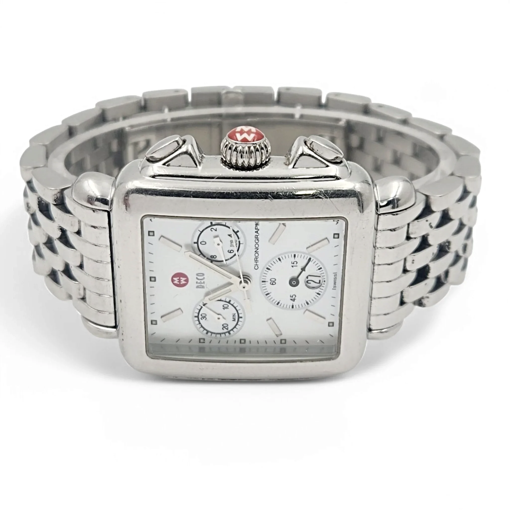 Ladies Michele Deco 33mm Stainless Steel Watch with Mother of Pearl Chronograph Dial. (Pre-Owned)
