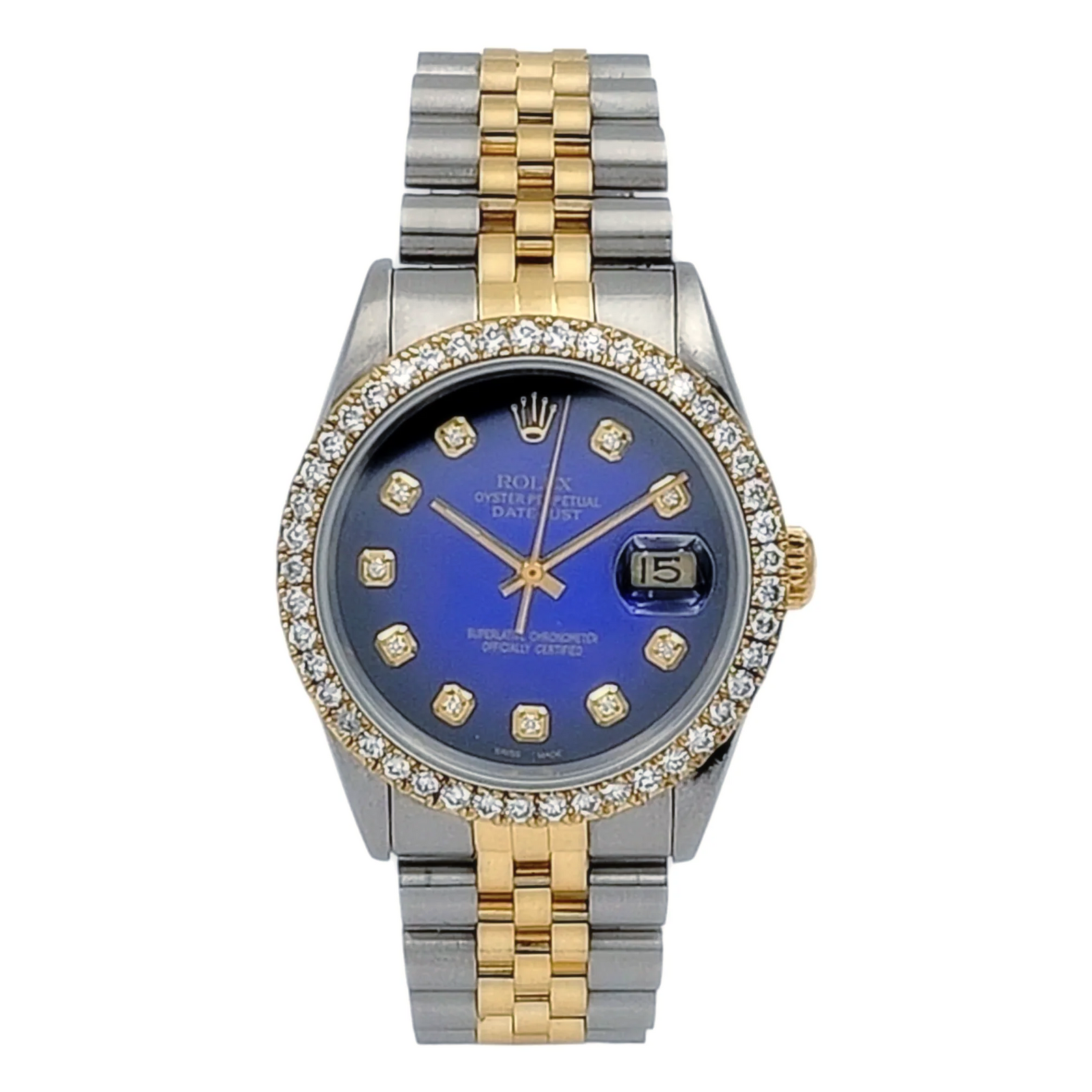 Men's Rolex 36mm DateJust Two Tone 18K Yellow Gold / Stainless Steel Watch with Blue Diamond Dial and Diamond Bezel. (Pre-Owned 16233)