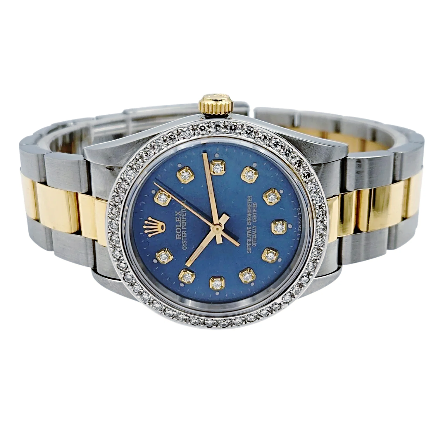 1994 Men's Rolex 36mm Oyster Perpetual Two Tone 18K Yellow Gold / Stainless Steel Watch with Blue Diamond Dial and Diamond Bezel. (Pre-Owned 14233)