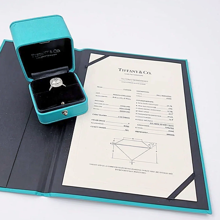 Tiffany & Co. Cathedral Setting "Tiffany Soleste" Platinum Cushion Cut Diamond Double Halo 2.60 ct, F Color, VS1 Clarity Engagement Ring. (Pre-Owned)