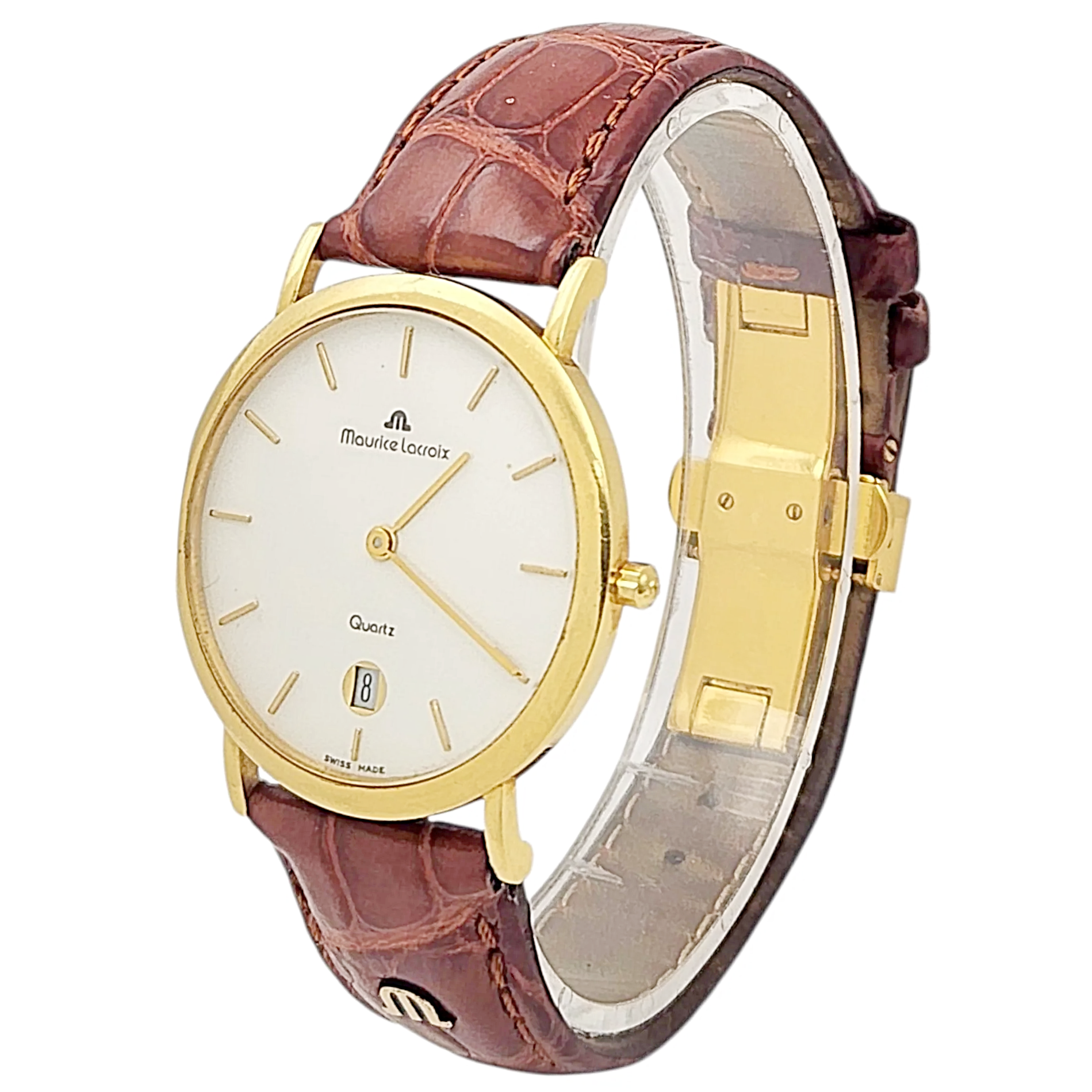 Men's Maurice Lacroix 34mm Vintage 18K Yellow Gold Case Watch with Brown Leather and White Dial. (Pre-Owned 2106)