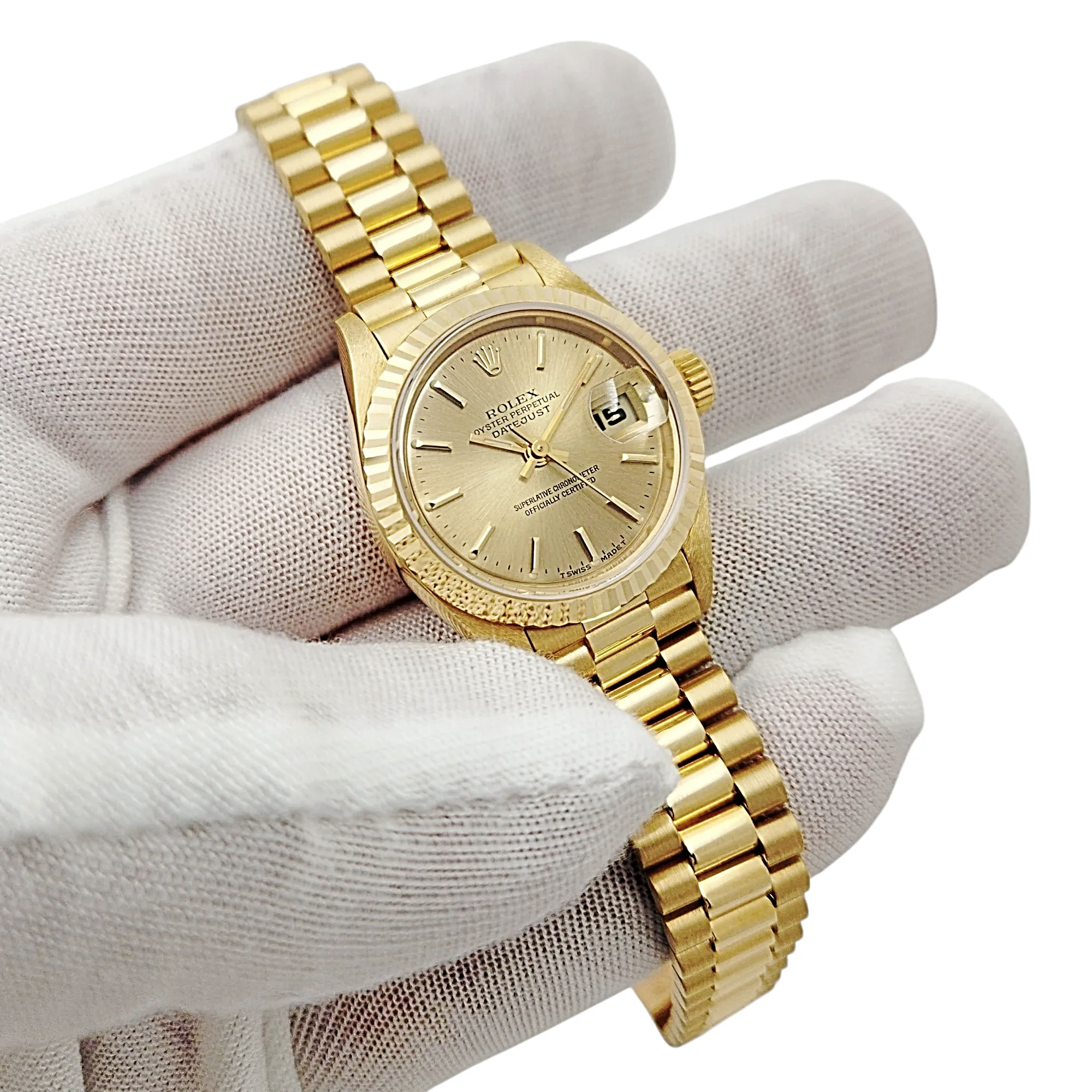Ladies Rolex 26mm Presidential 18K Solid Yellow Gold Watch with Champagne Dial and Fluted Bezel. (UNWORN 69178)