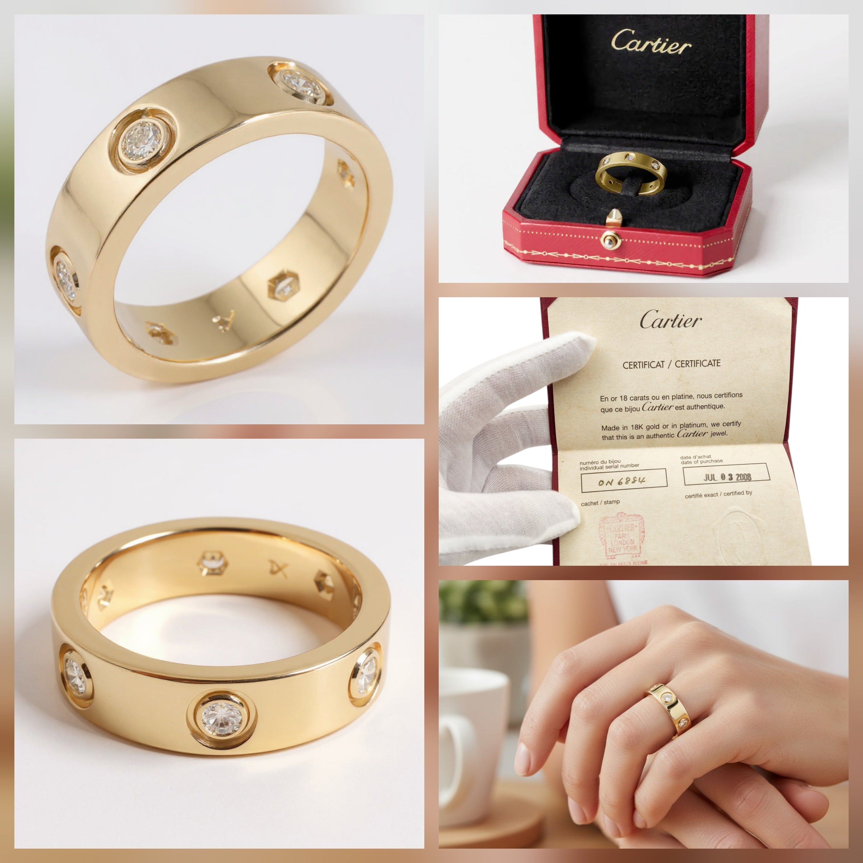 Cartier 6 Diamond Love Ring in 18K Yellow Gold - Includes Cartier Box and Cartier Certificate. (Pre-Owned)