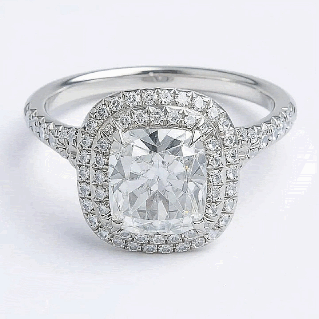 Tiffany & Co. Cathedral Setting "Tiffany Soleste" Platinum Cushion Cut Diamond Double Halo 2.60 ct, F Color, VS1 Clarity Engagement Ring