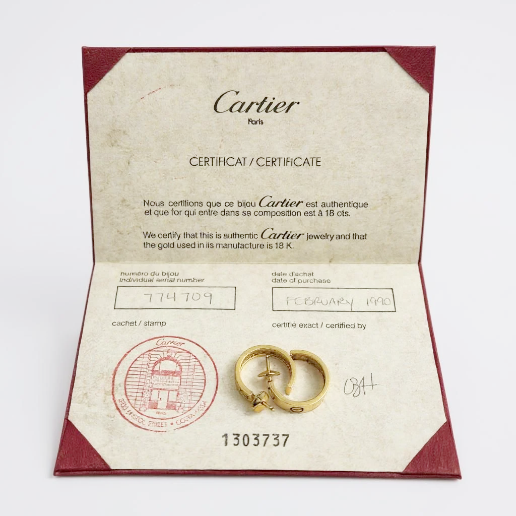 Ladies Cartier 5mm x 20mm Love Hoop Earrings in 18K Yellow Gold - Includes Cartier Certificate. (Pre-Owned)