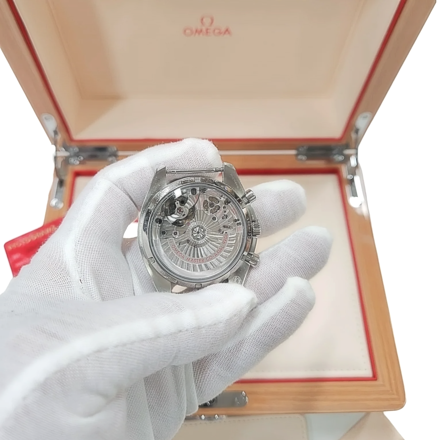 Men's Omega 44mm Speedmaster Moonphase Automatic Steel Watch with Blue Luminous Dial. (Pre-Owned Box/Card)