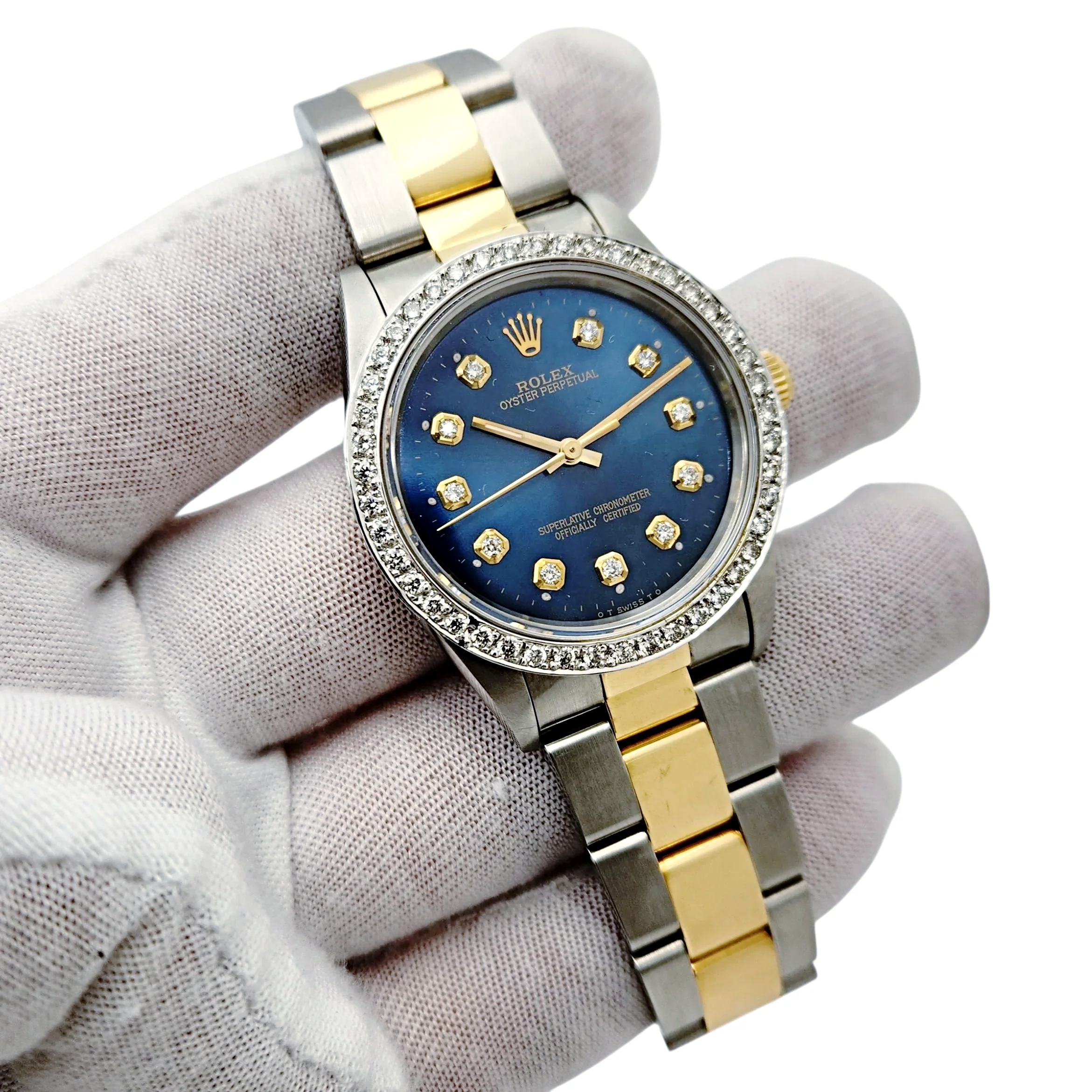 1994 Men's Rolex 36mm Oyster Perpetual Two Tone 18K Yellow Gold / Stainless Steel Watch with Blue Diamond Dial and Diamond Bezel. (Pre-Owned 14233)