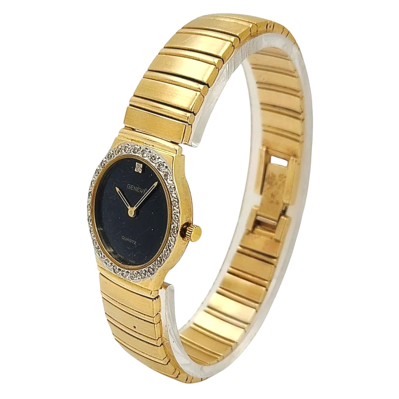 Ladies Geneve 24mm Vintage 14K Yellow Gold Watch with Black Diamond Dial and Diamond Bezel. (Pre-Owned)
