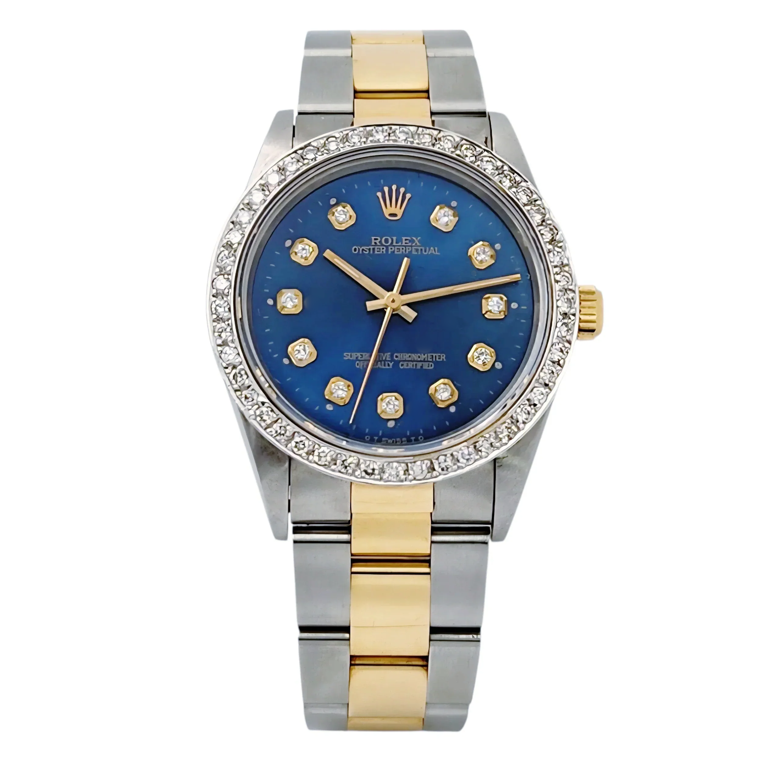 1994 Men's Rolex 36mm Oyster Perpetual Two Tone 18K Yellow Gold / Stainless Steel Watch with Blue Diamond Dial and Diamond Bezel. (Pre-Owned 14233)