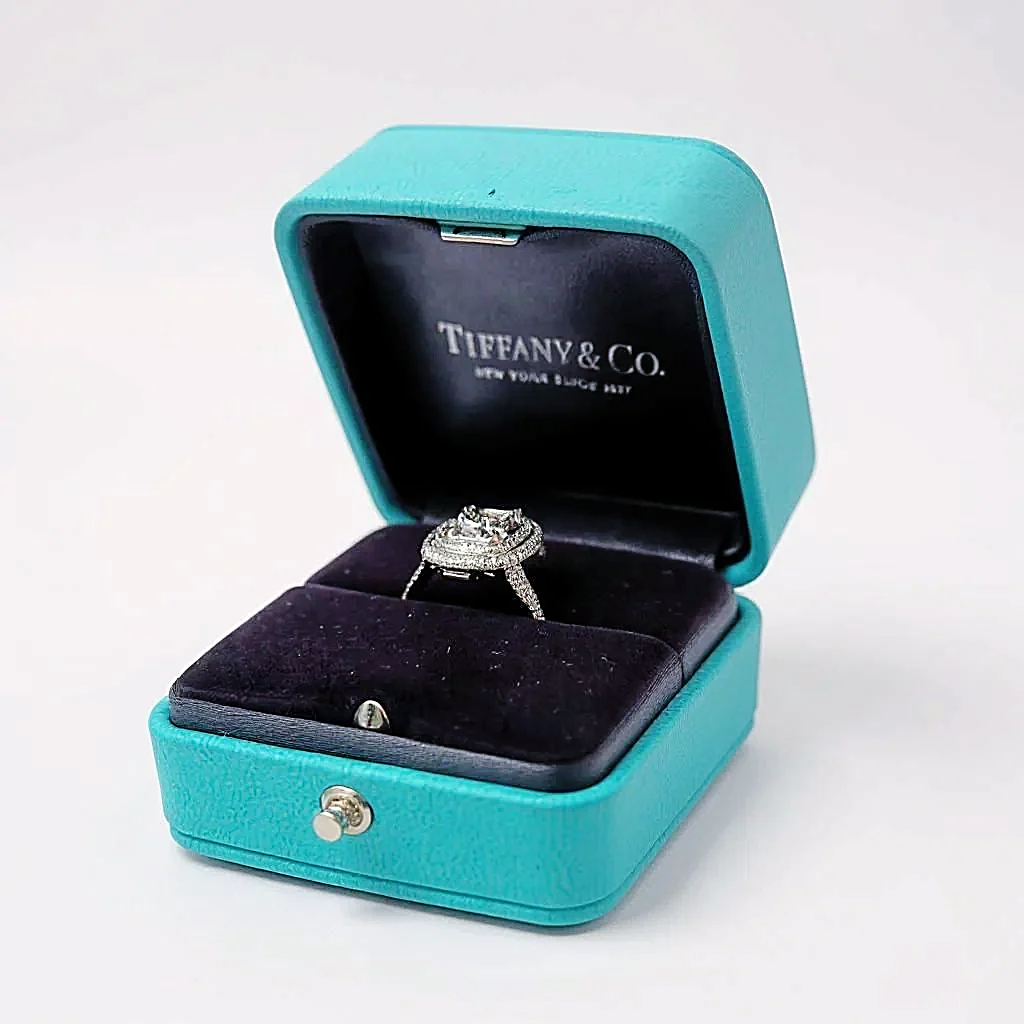 Tiffany & Co. Cathedral Setting "Tiffany Soleste" Platinum Cushion Cut Diamond Double Halo 2.60 ct, F Color, VS1 Clarity Engagement Ring. (Pre-Owned)