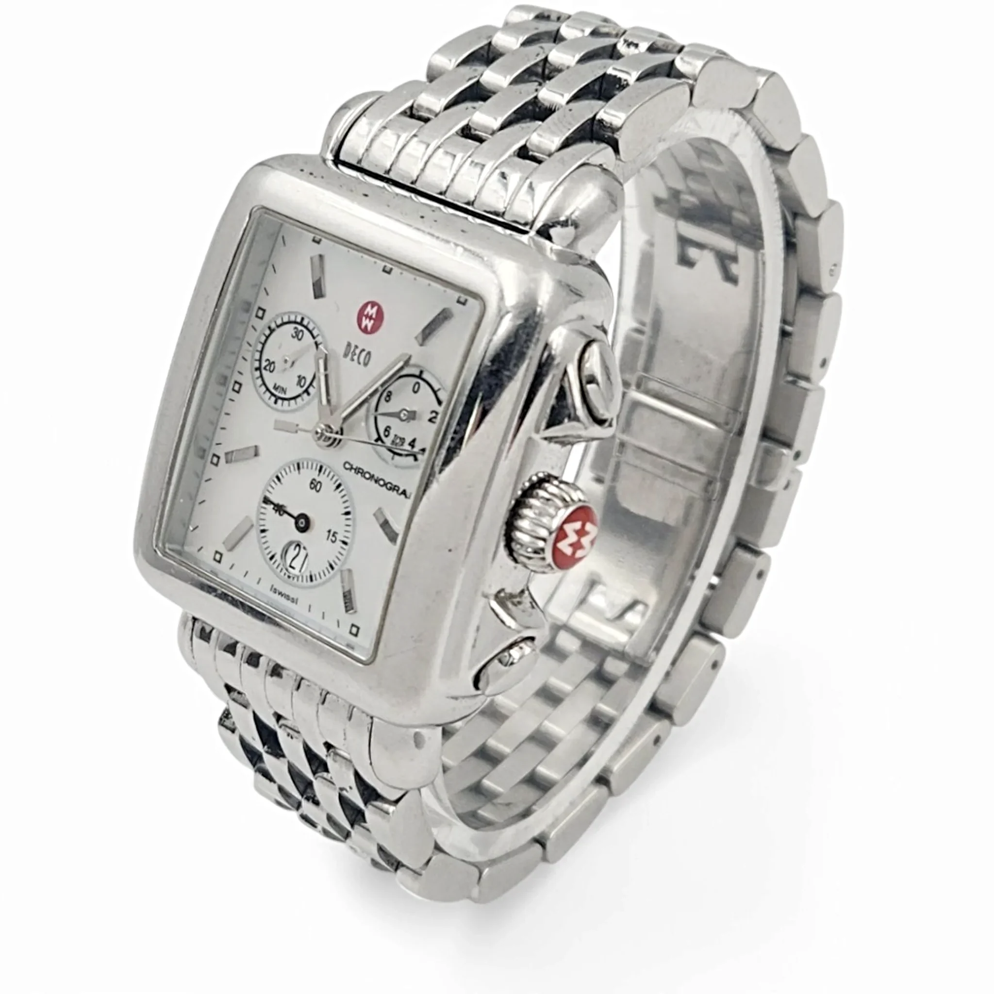 Ladies Michele Deco 33mm Stainless Steel Watch with Mother of Pearl Chronograph Dial. (Pre-Owned)