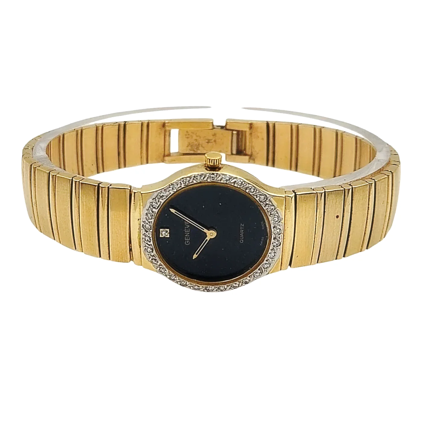 Ladies Geneve 24mm Vintage 14K Yellow Gold Watch with Black Diamond Dial and Diamond Bezel. (Pre-Owned)
