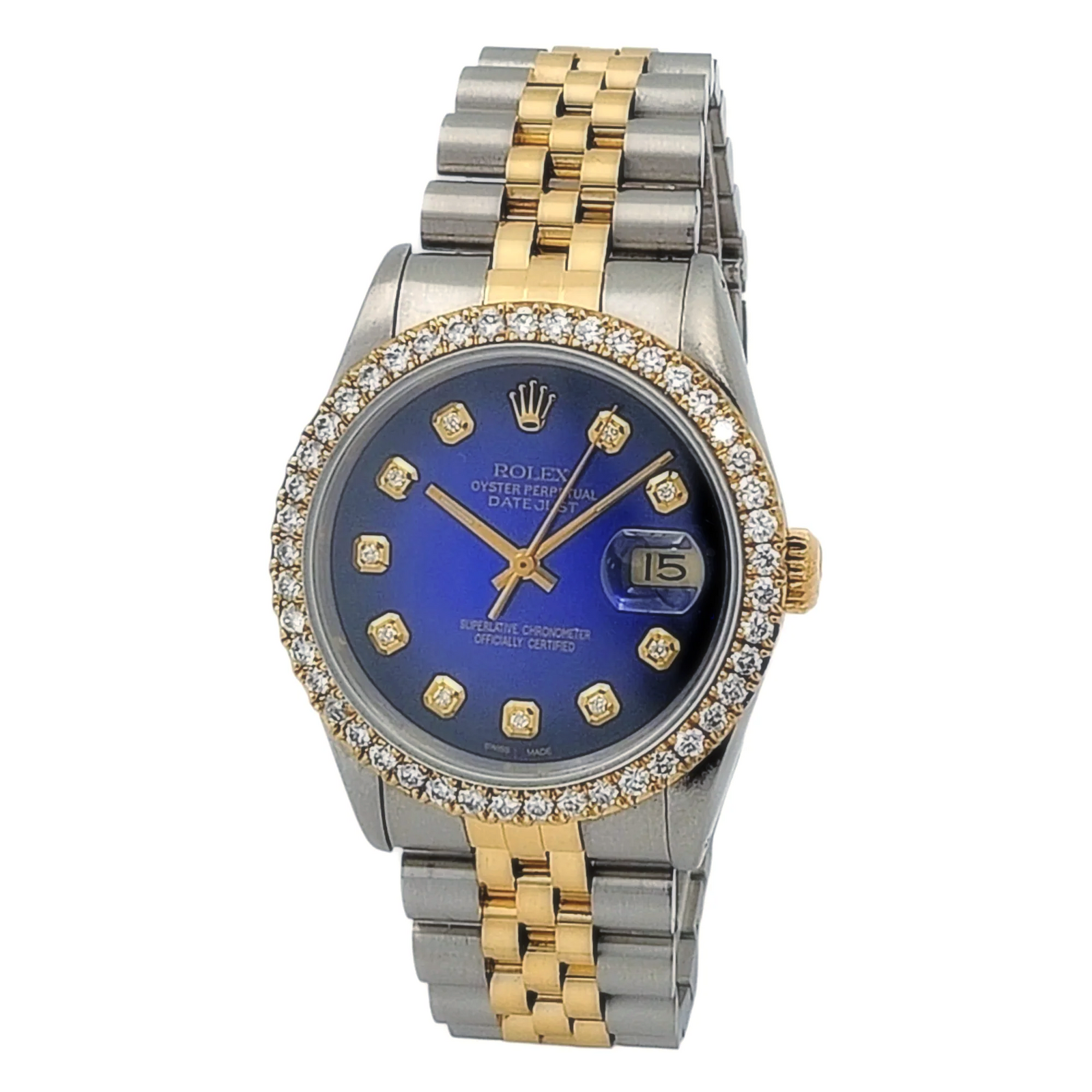 Men's Rolex 36mm DateJust Two Tone 18K Yellow Gold / Stainless Steel Watch with Blue Diamond Dial and Diamond Bezel. (Pre-Owned 16233)