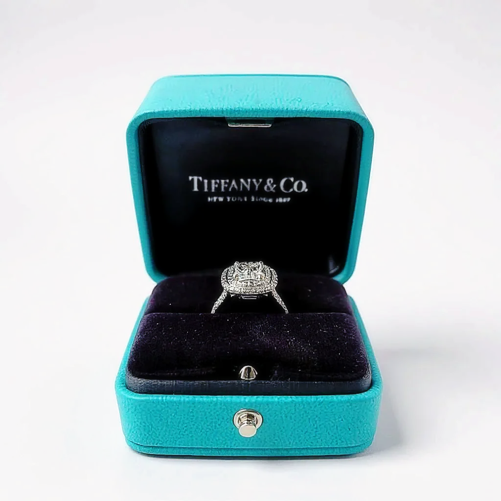 Tiffany & Co. Cathedral Setting "Tiffany Soleste" Platinum Cushion Cut Diamond Double Halo 2.60 ct, F Color, VS1 Clarity Engagement Ring. (Pre-Owned)