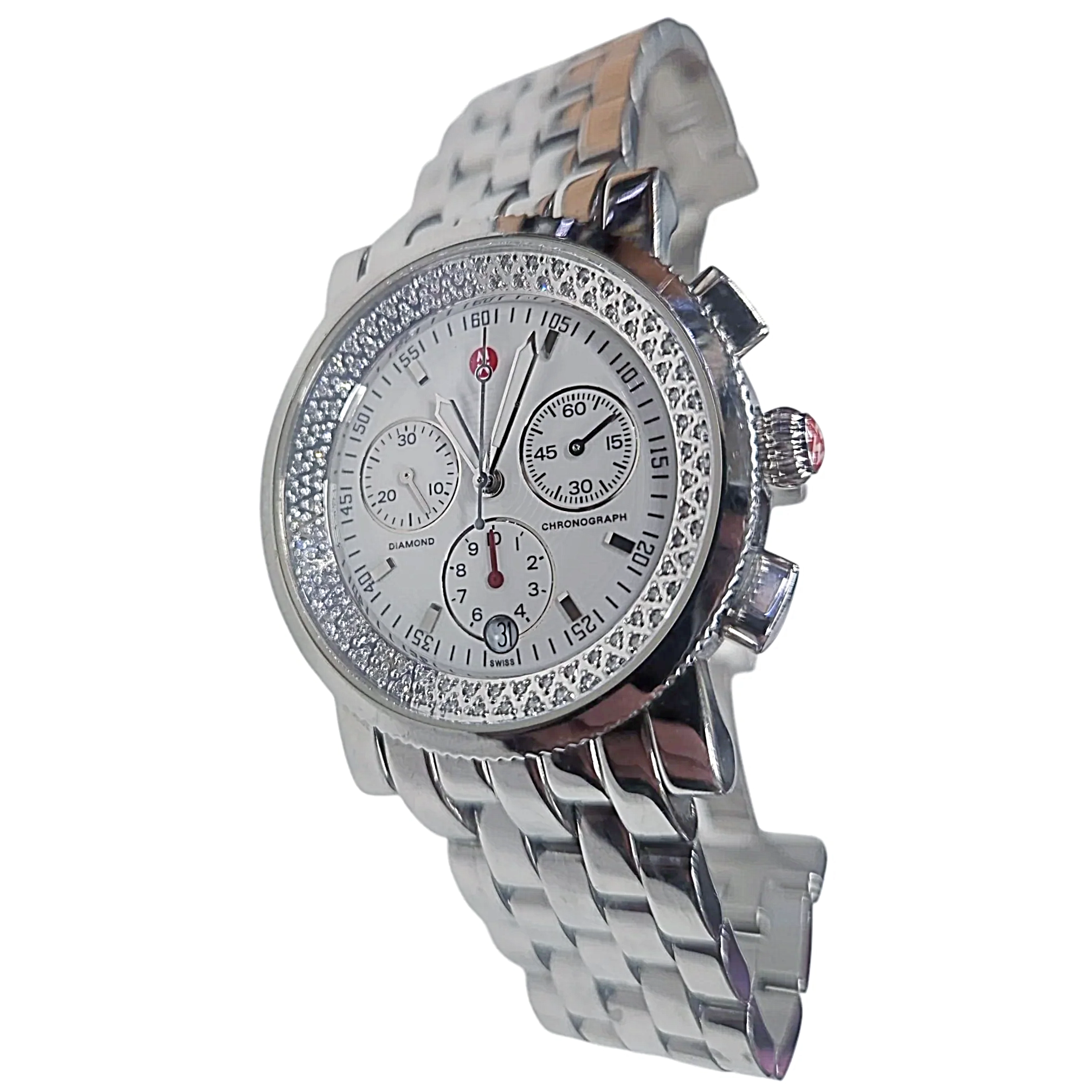 Ladies Michele 38mm Sport Sail Stainless Steel Wristwatch with White Dial & Diamond Inner Bezel. (Pre-Owned)